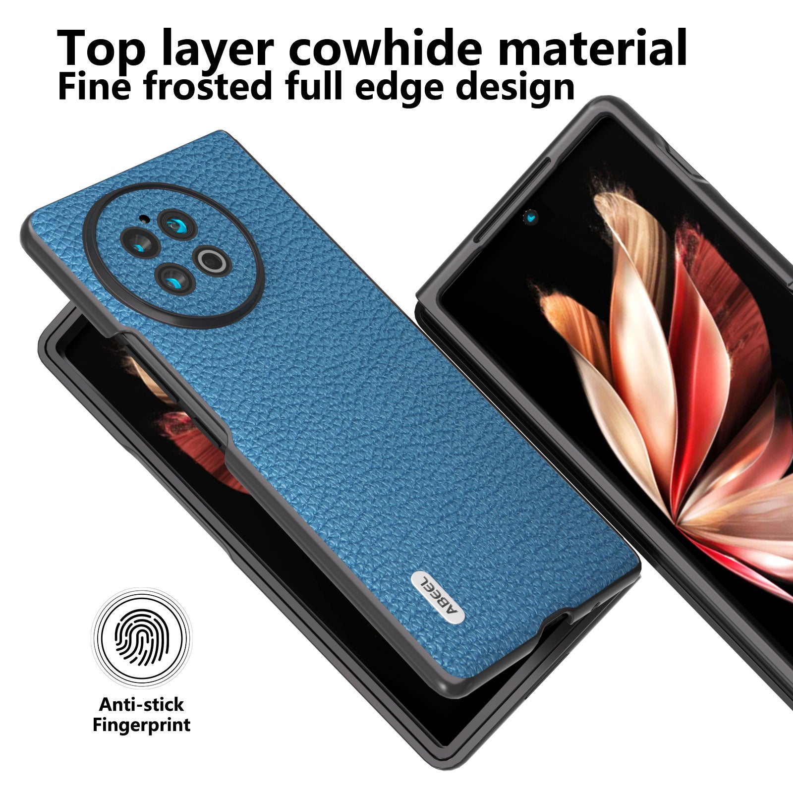 ABEEL For vivo X Fold2 Litchi Texture Phone Case Cowhide Leather + PC Ultra Thin Cover - Blue