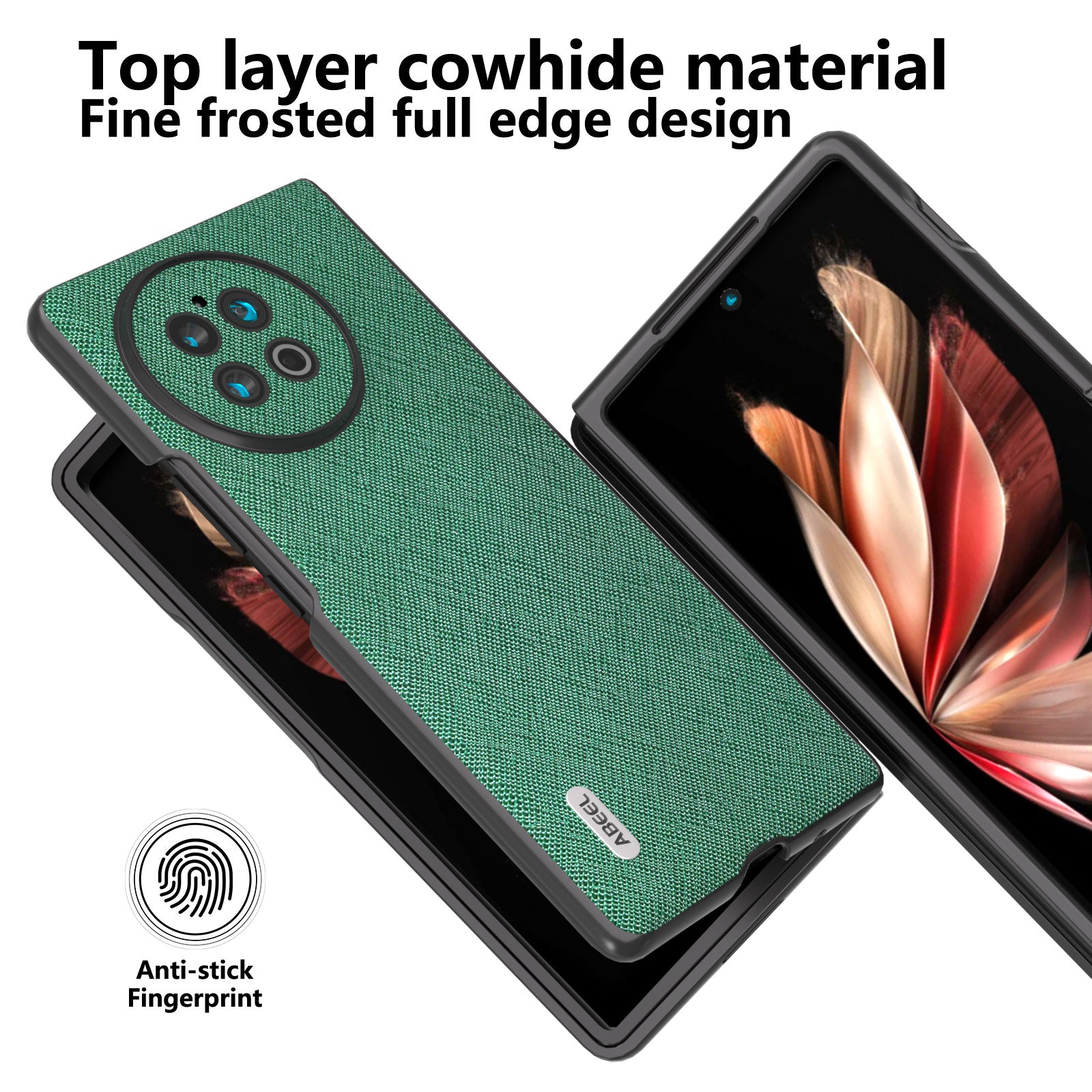 ABEEL For vivo X Fold2 Cowhide Leather Coated PC Case Cross Texture Cell Phone Cover - Green