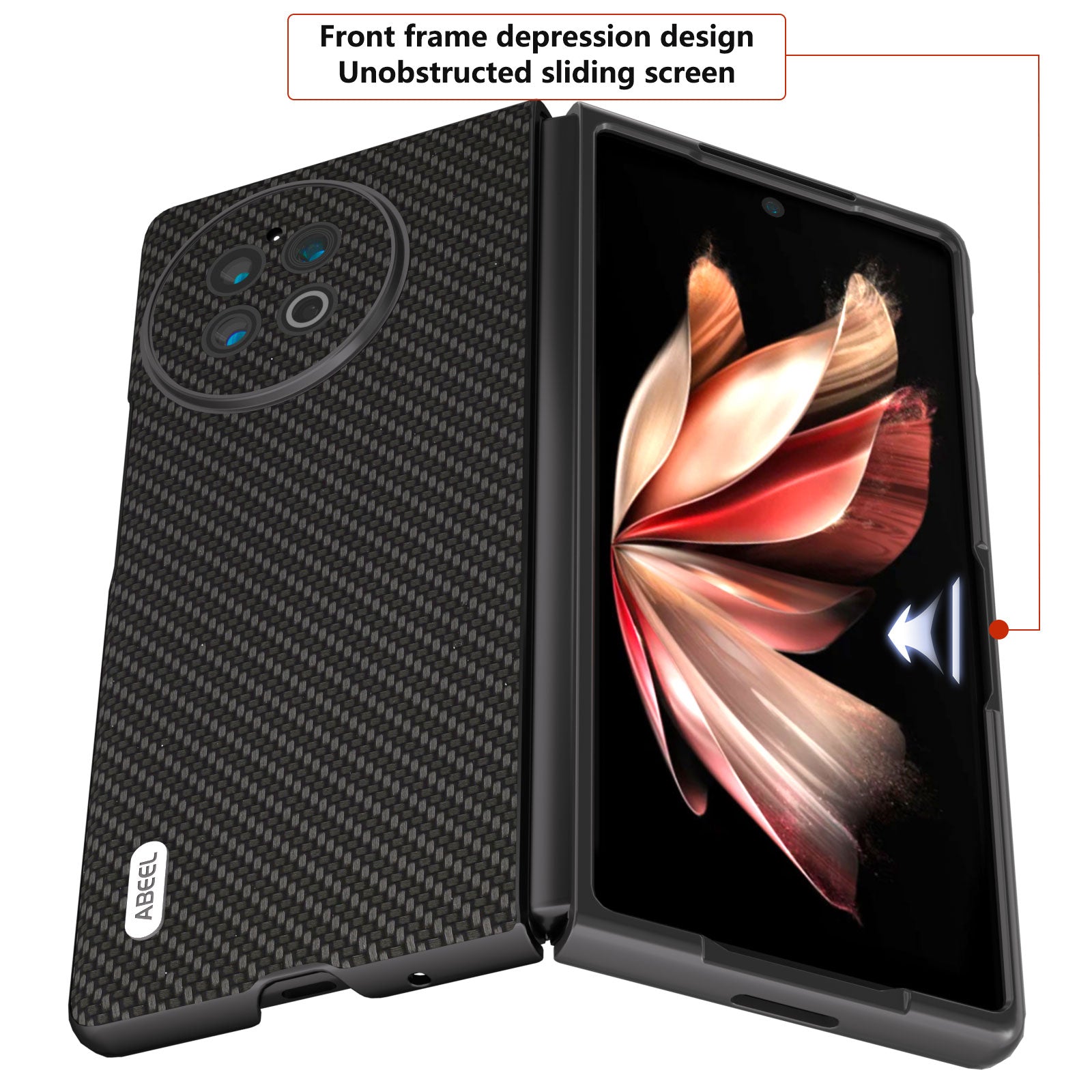 ABEEL For vivo X Fold2 Carbon Fiber Texture Phone Case PU Leather Coated PC Folding Phone Cover - Black