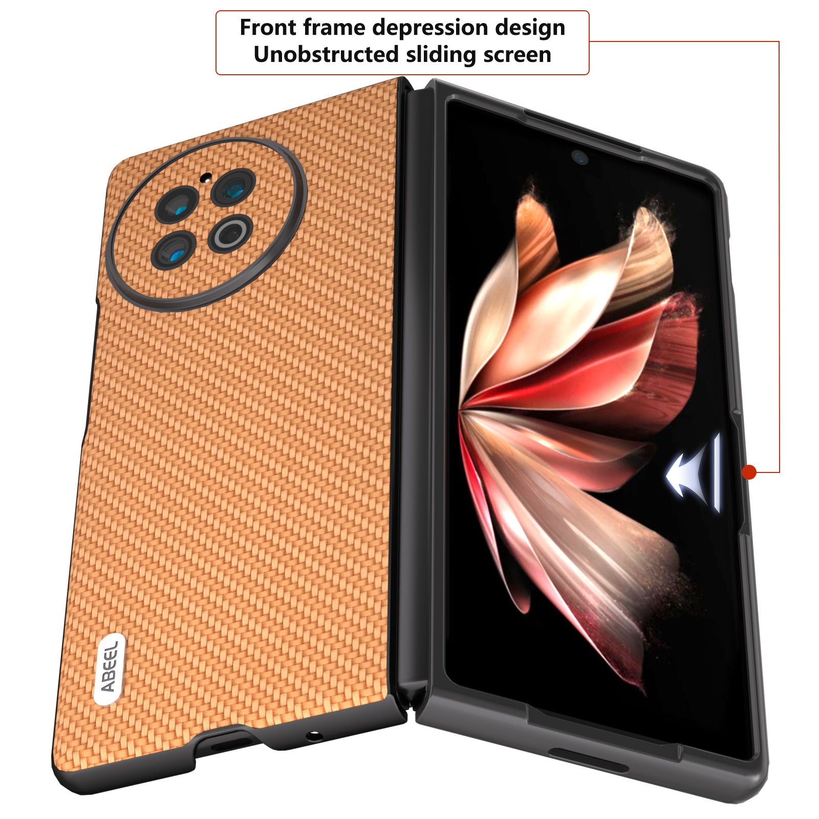 ABEEL For vivo X Fold2 Carbon Fiber Texture Phone Case PU Leather Coated PC Folding Phone Cover - Light Brown