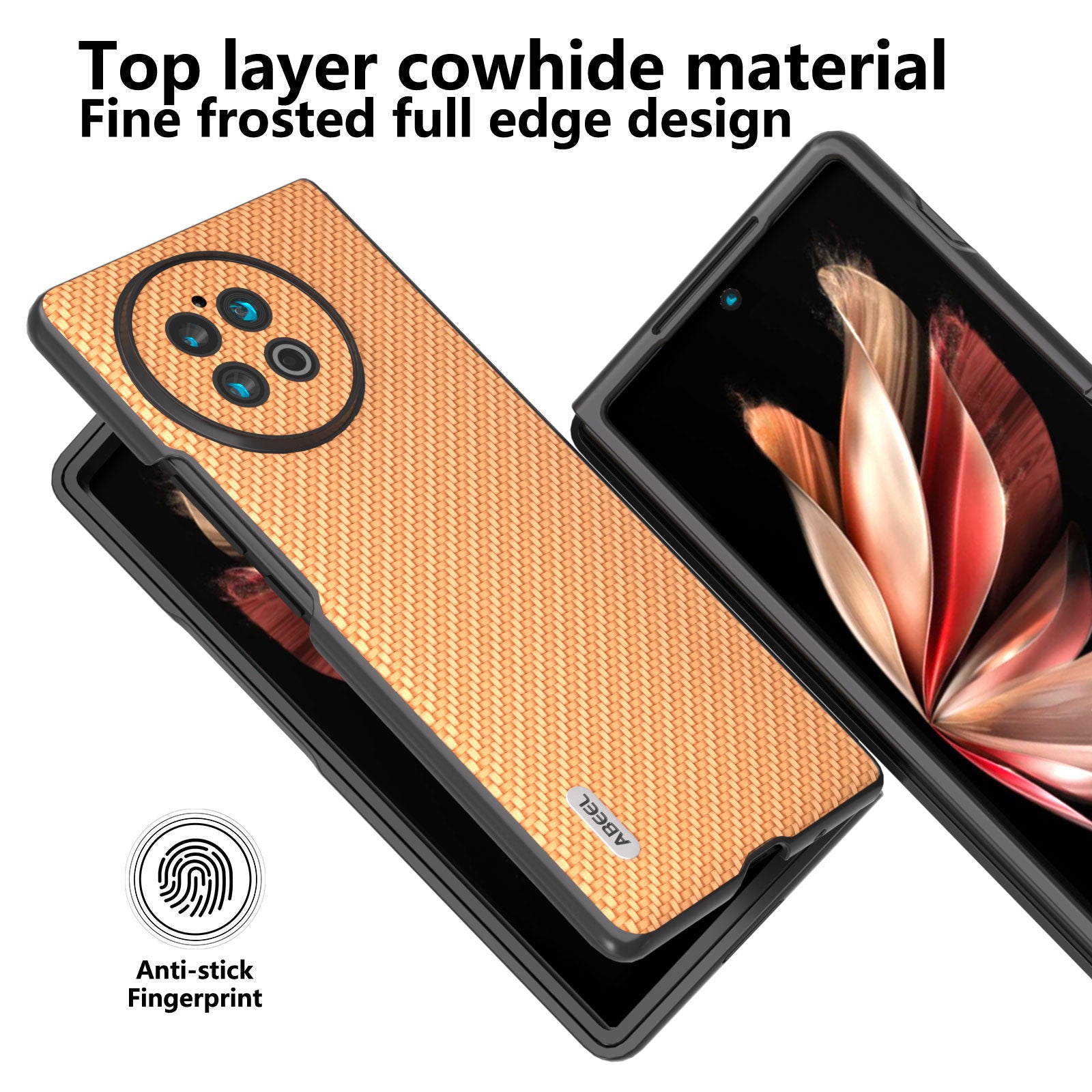 ABEEL For vivo X Fold2 Carbon Fiber Texture Phone Case PU Leather Coated PC Folding Phone Cover - Light Brown