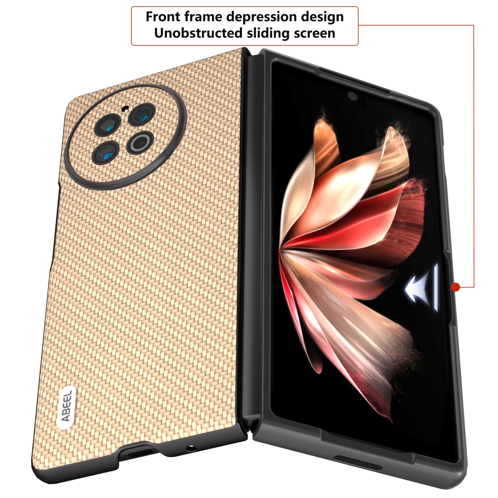 ABEEL For vivo X Fold2 Carbon Fiber Texture Phone Case PU Leather Coated PC Folding Phone Cover - Light Yellow