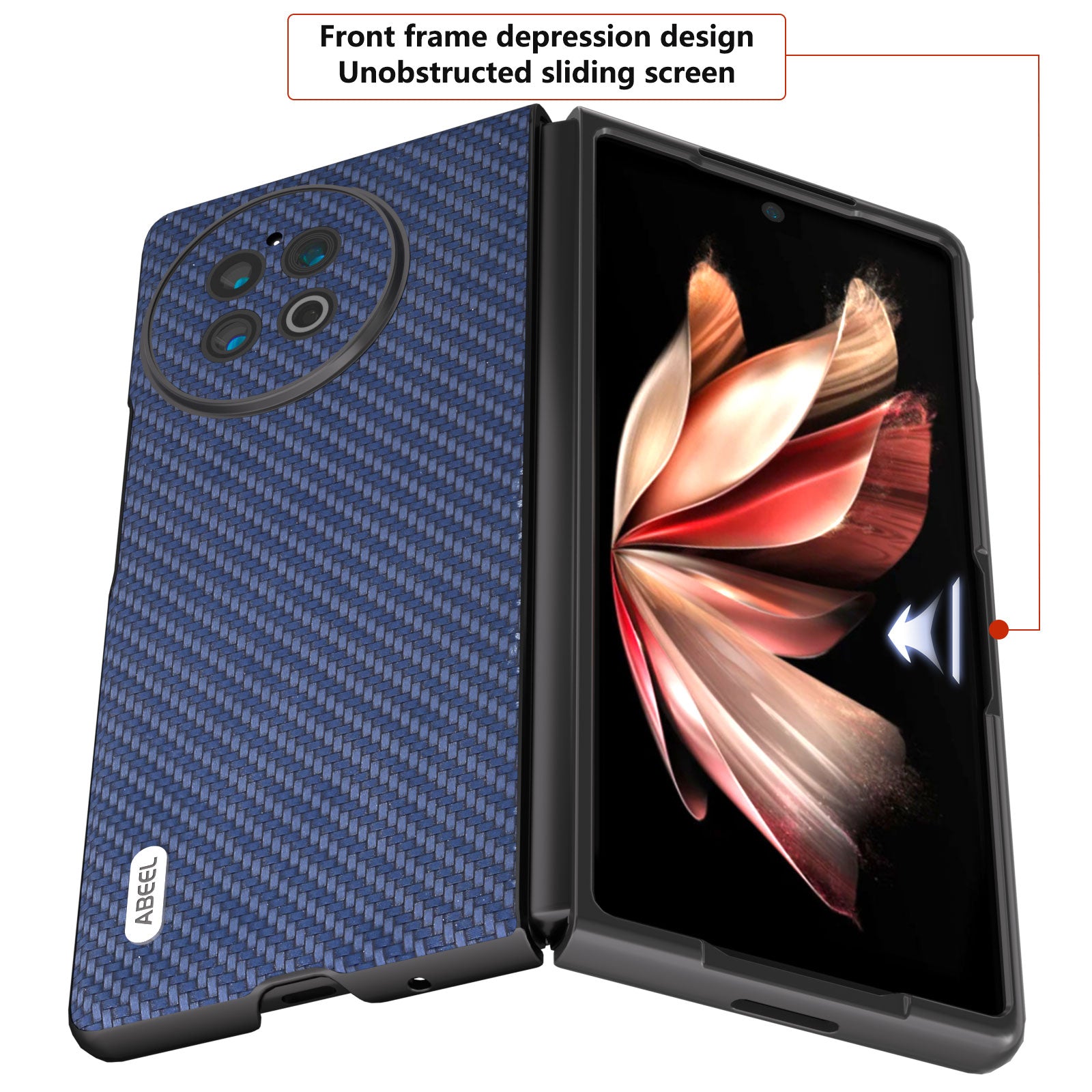 ABEEL For vivo X Fold2 Carbon Fiber Texture Phone Case PU Leather Coated PC Folding Phone Cover - Blue