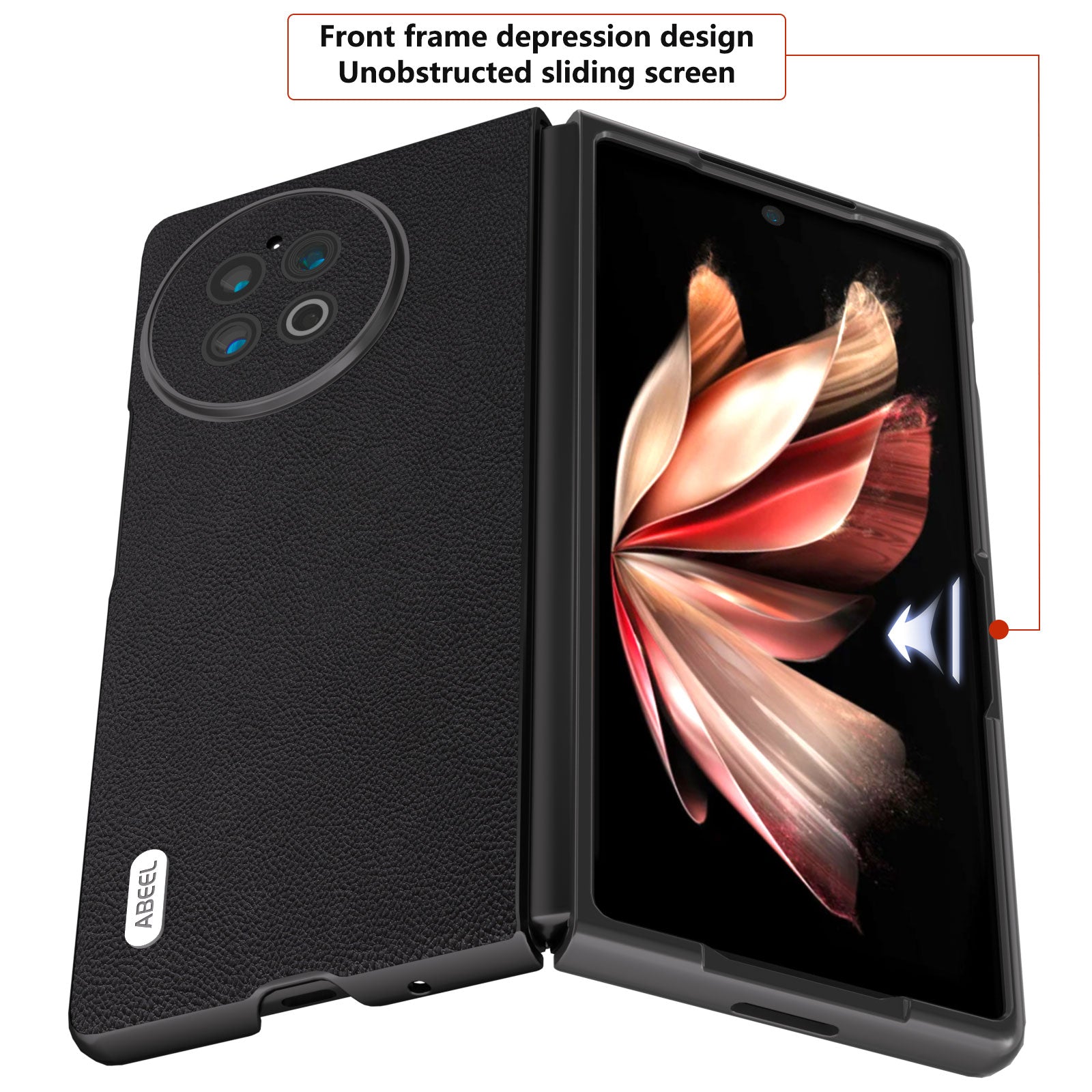 ABEEL For vivo X Fold2 Litchi Texture Folding Phone Case Cowhide Leather Coated PC Cover - Black
