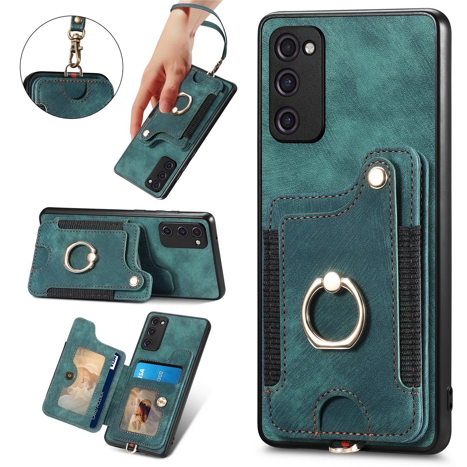 For Samsung Galaxy S20 FE / S20 FE 5G / S20 FE 2022 / S20 Lite RFID Blocking Phone Cover PU Leather Coated PC+TPU Card Holder Kickstand Case - Green