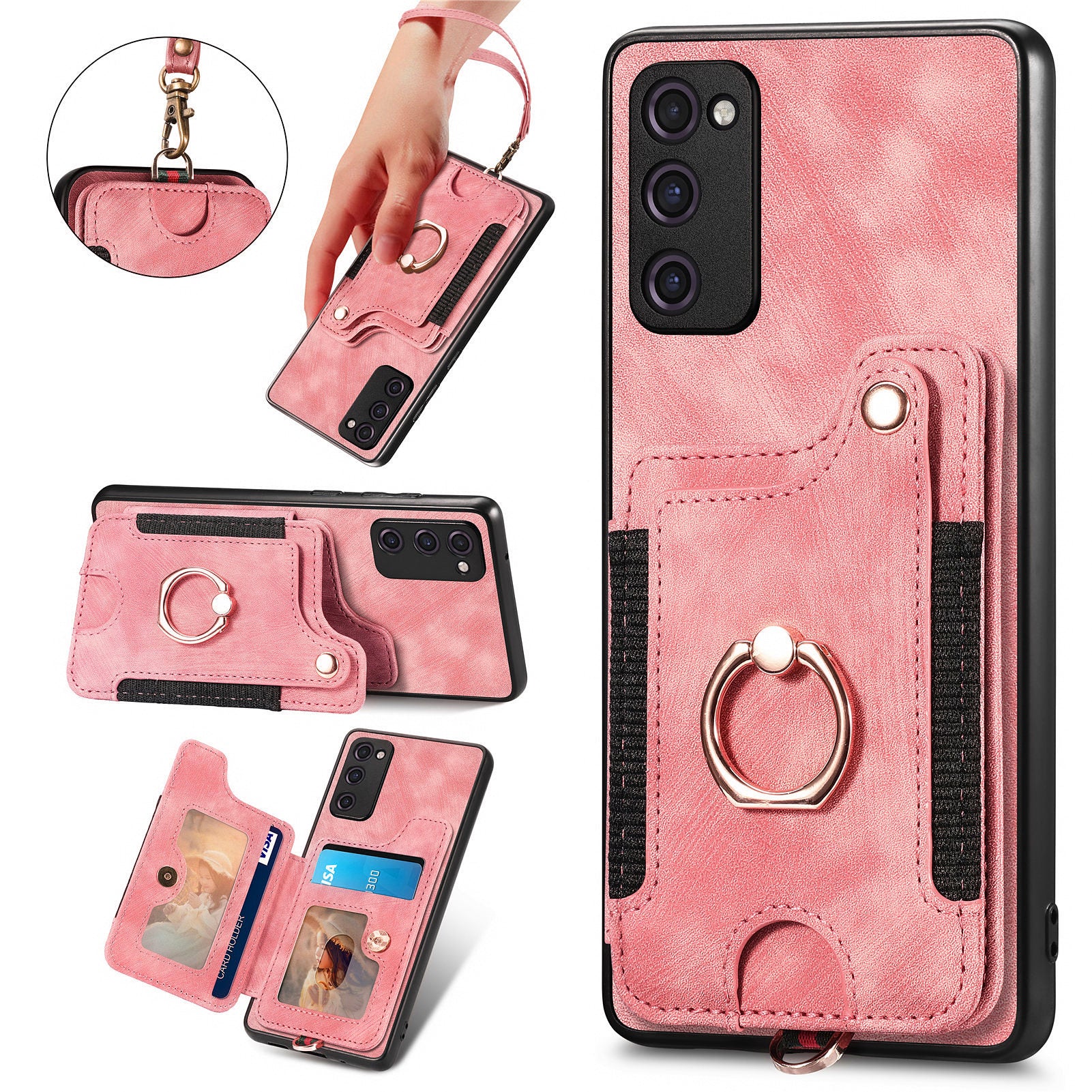 For Samsung Galaxy S20 FE / S20 FE 5G / S20 FE 2022 / S20 Lite RFID Blocking Phone Cover PU Leather Coated PC+TPU Card Holder Kickstand Case - Rose Pink