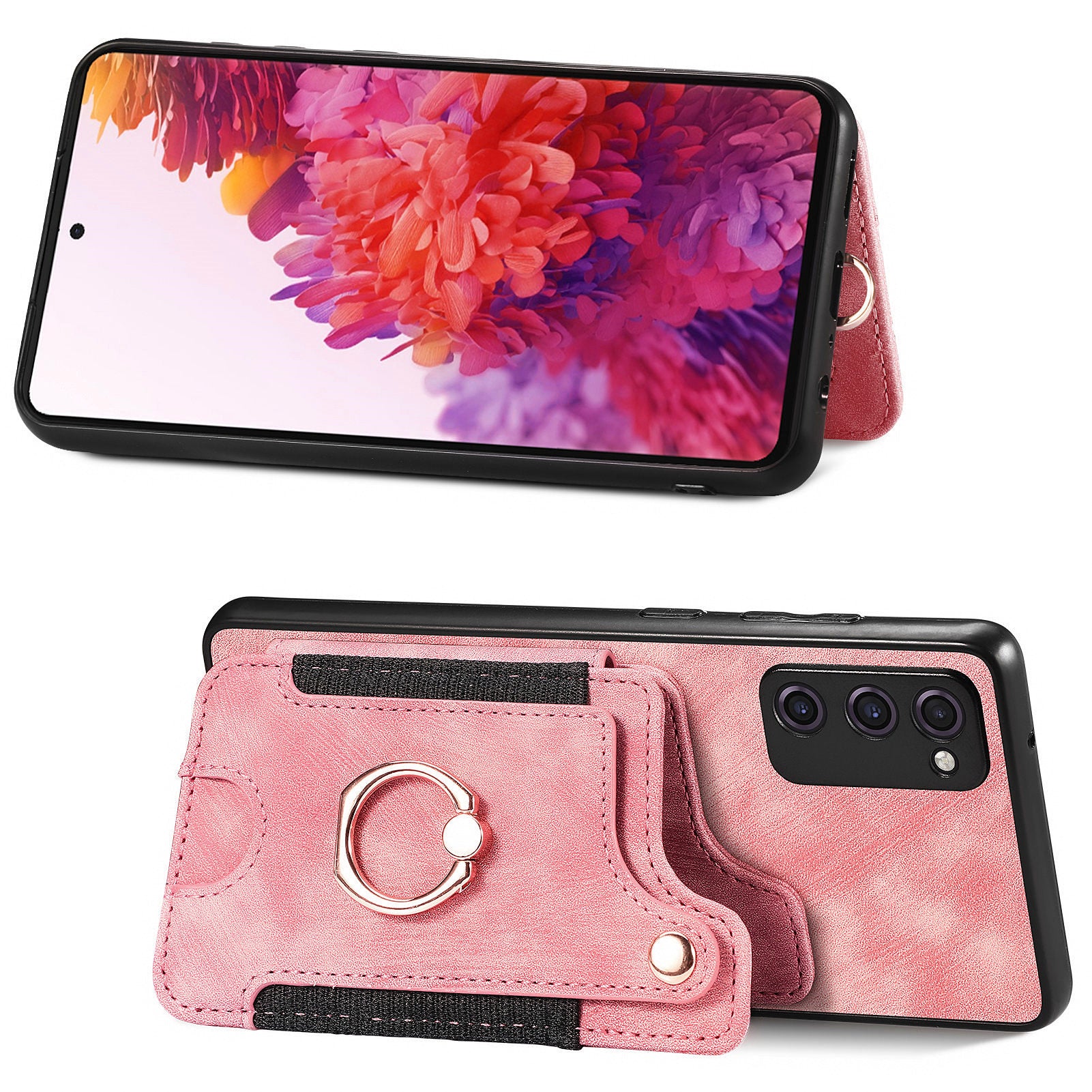 For Samsung Galaxy S20 FE / S20 FE 5G / S20 FE 2022 / S20 Lite RFID Blocking Phone Cover PU Leather Coated PC+TPU Card Holder Kickstand Case - Rose Pink