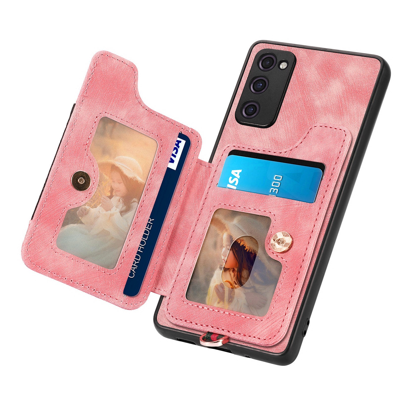 For Samsung Galaxy S20 FE / S20 FE 5G / S20 FE 2022 / S20 Lite RFID Blocking Phone Cover PU Leather Coated PC+TPU Card Holder Kickstand Case - Rose Pink