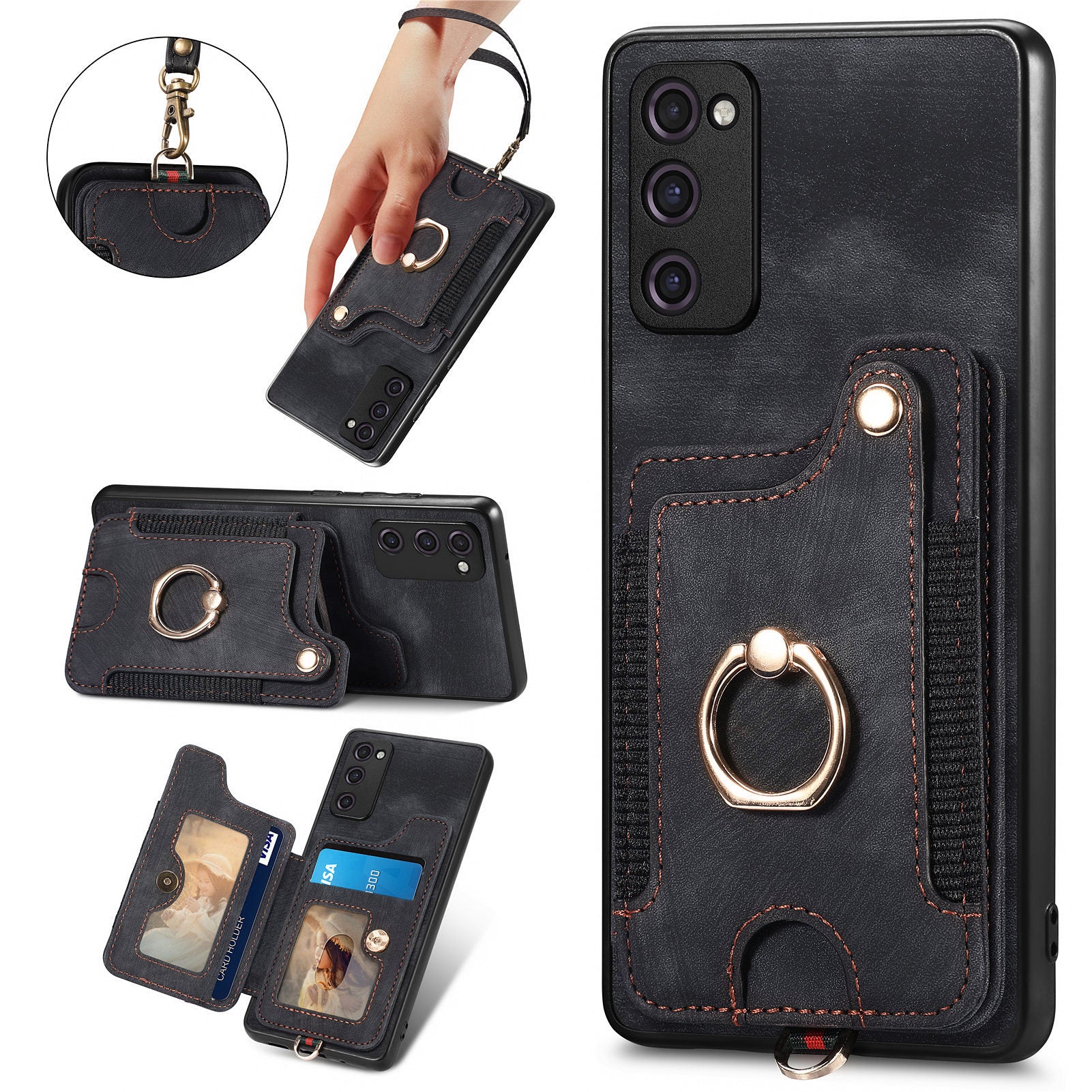 For Samsung Galaxy S20 FE / S20 FE 5G / S20 FE 2022 / S20 Lite RFID Blocking Phone Cover PU Leather Coated PC+TPU Card Holder Kickstand Case - Black