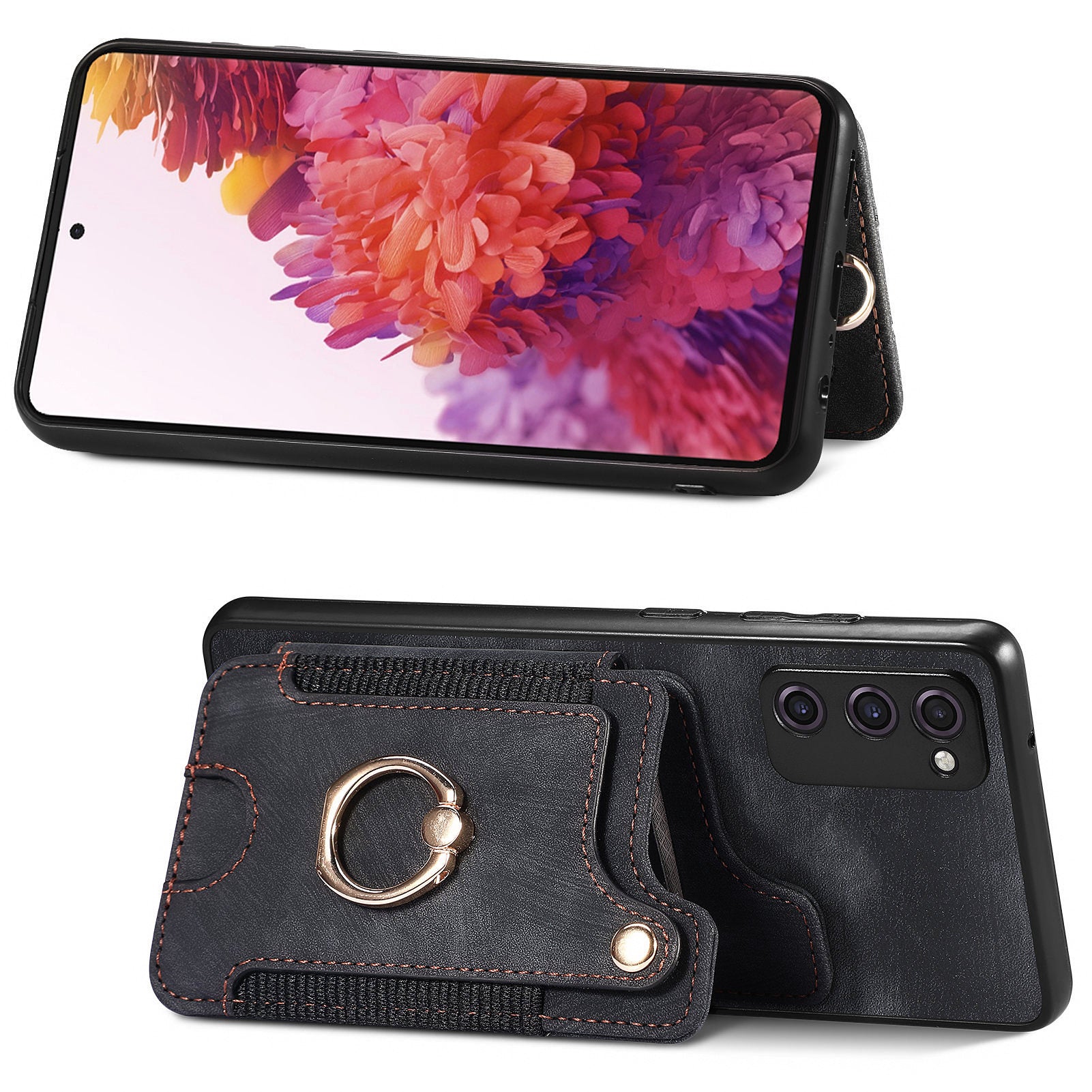 For Samsung Galaxy S20 FE / S20 FE 5G / S20 FE 2022 / S20 Lite RFID Blocking Phone Cover PU Leather Coated PC+TPU Card Holder Kickstand Case - Black