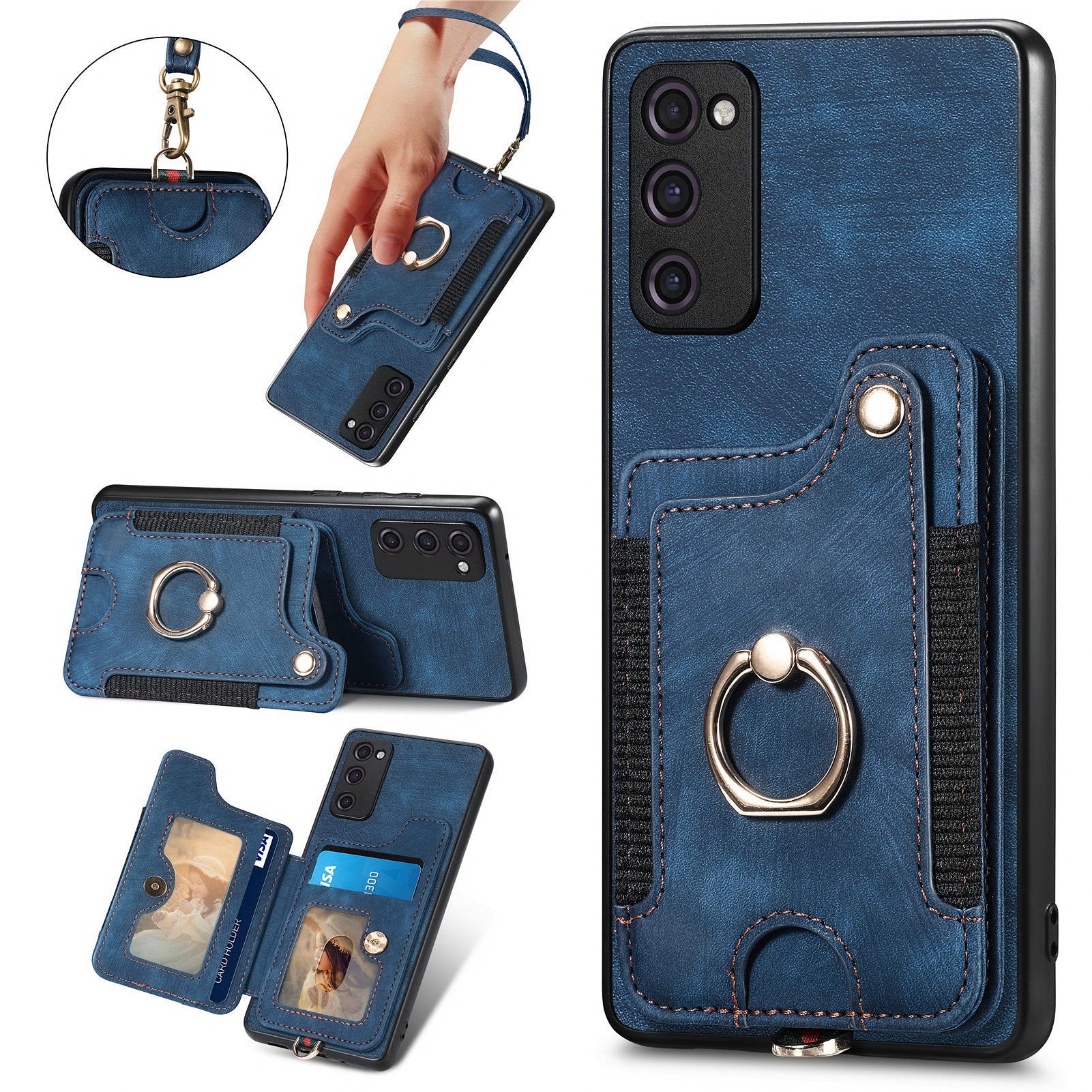 For Samsung Galaxy S20 FE / S20 FE 5G / S20 FE 2022 / S20 Lite RFID Blocking Phone Cover PU Leather Coated PC+TPU Card Holder Kickstand Case - Dark Blue