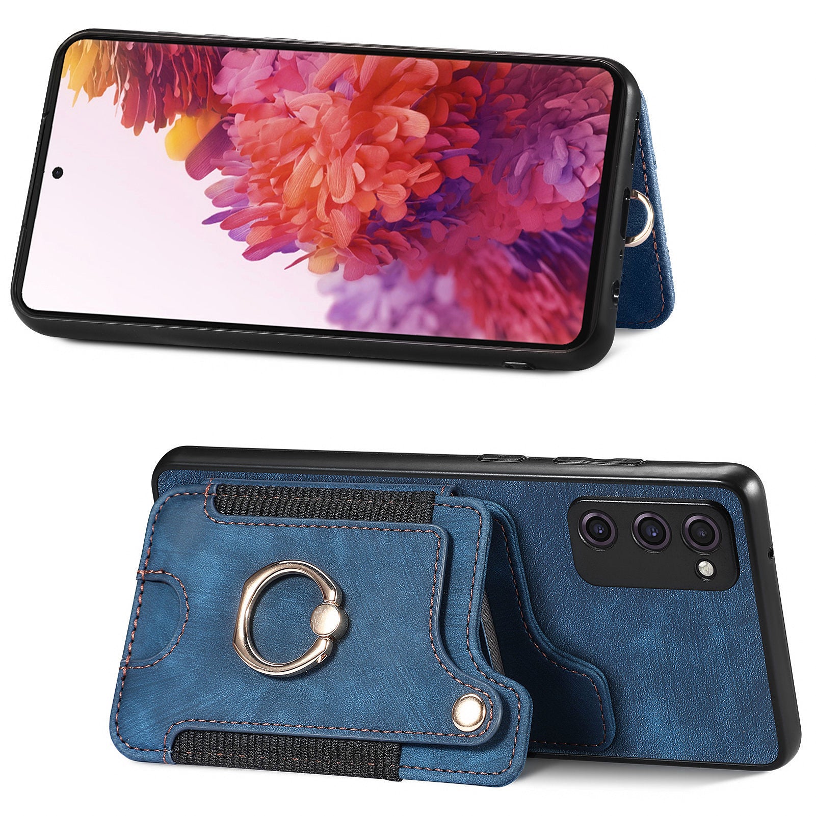 For Samsung Galaxy S20 FE / S20 FE 5G / S20 FE 2022 / S20 Lite RFID Blocking Phone Cover PU Leather Coated PC+TPU Card Holder Kickstand Case - Dark Blue