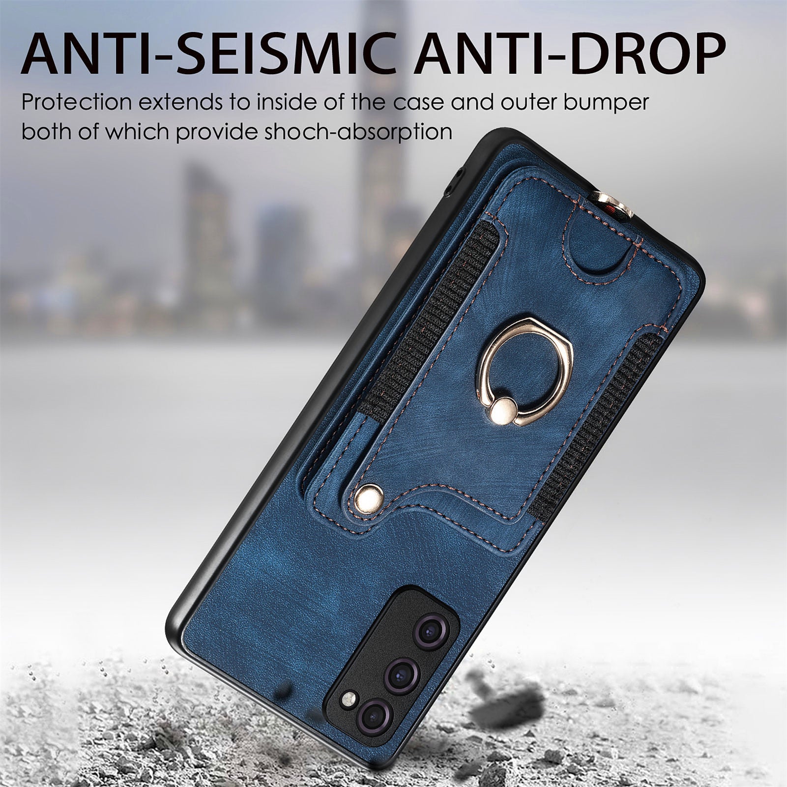 For Samsung Galaxy S20 FE / S20 FE 5G / S20 FE 2022 / S20 Lite RFID Blocking Phone Cover PU Leather Coated PC+TPU Card Holder Kickstand Case - Dark Blue