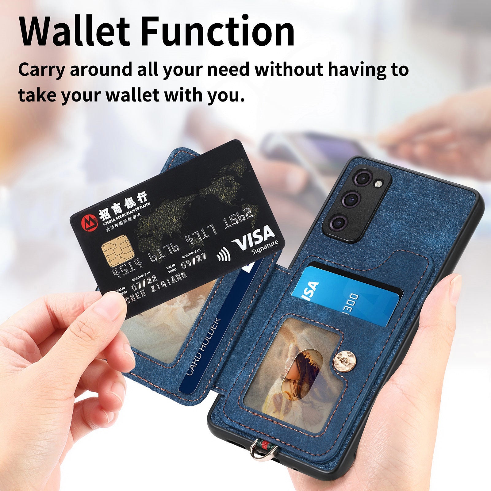 For Samsung Galaxy S20 FE / S20 FE 5G / S20 FE 2022 / S20 Lite RFID Blocking Phone Cover PU Leather Coated PC+TPU Card Holder Kickstand Case - Dark Blue