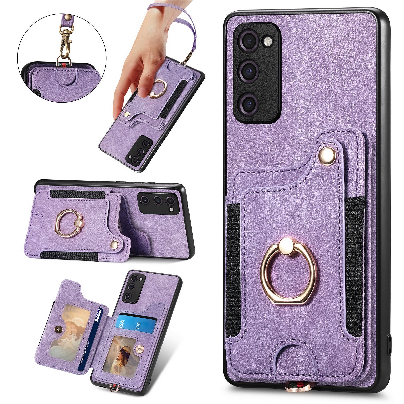 For Samsung Galaxy S20 FE / S20 FE 5G / S20 FE 2022 / S20 Lite RFID Blocking Phone Cover PU Leather Coated PC+TPU Card Holder Kickstand Case - Purple