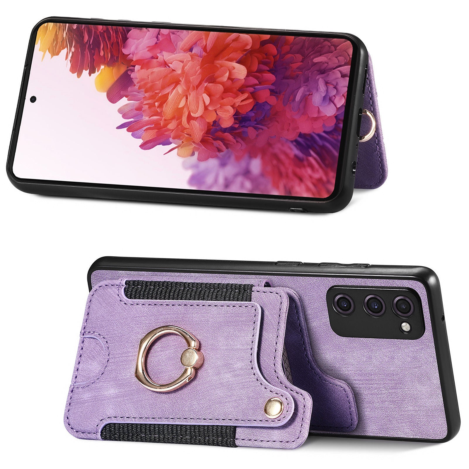 For Samsung Galaxy S20 FE / S20 FE 5G / S20 FE 2022 / S20 Lite RFID Blocking Phone Cover PU Leather Coated PC+TPU Card Holder Kickstand Case - Purple