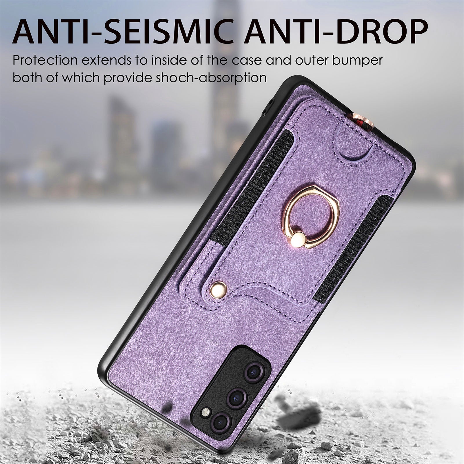 For Samsung Galaxy S20 FE / S20 FE 5G / S20 FE 2022 / S20 Lite RFID Blocking Phone Cover PU Leather Coated PC+TPU Card Holder Kickstand Case - Purple