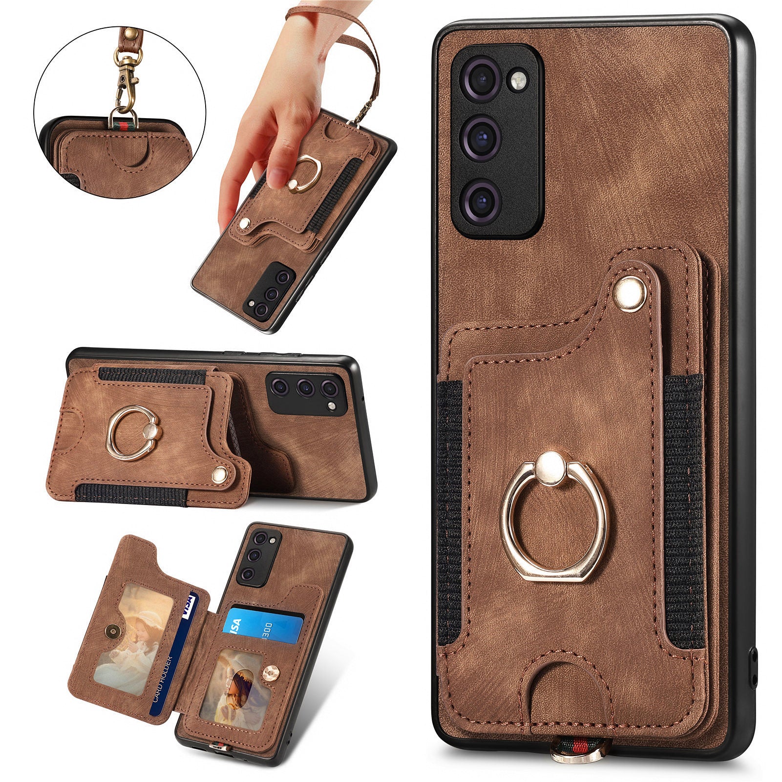 For Samsung Galaxy S20 FE / S20 FE 5G / S20 FE 2022 / S20 Lite RFID Blocking Phone Cover PU Leather Coated PC+TPU Card Holder Kickstand Case - Brown