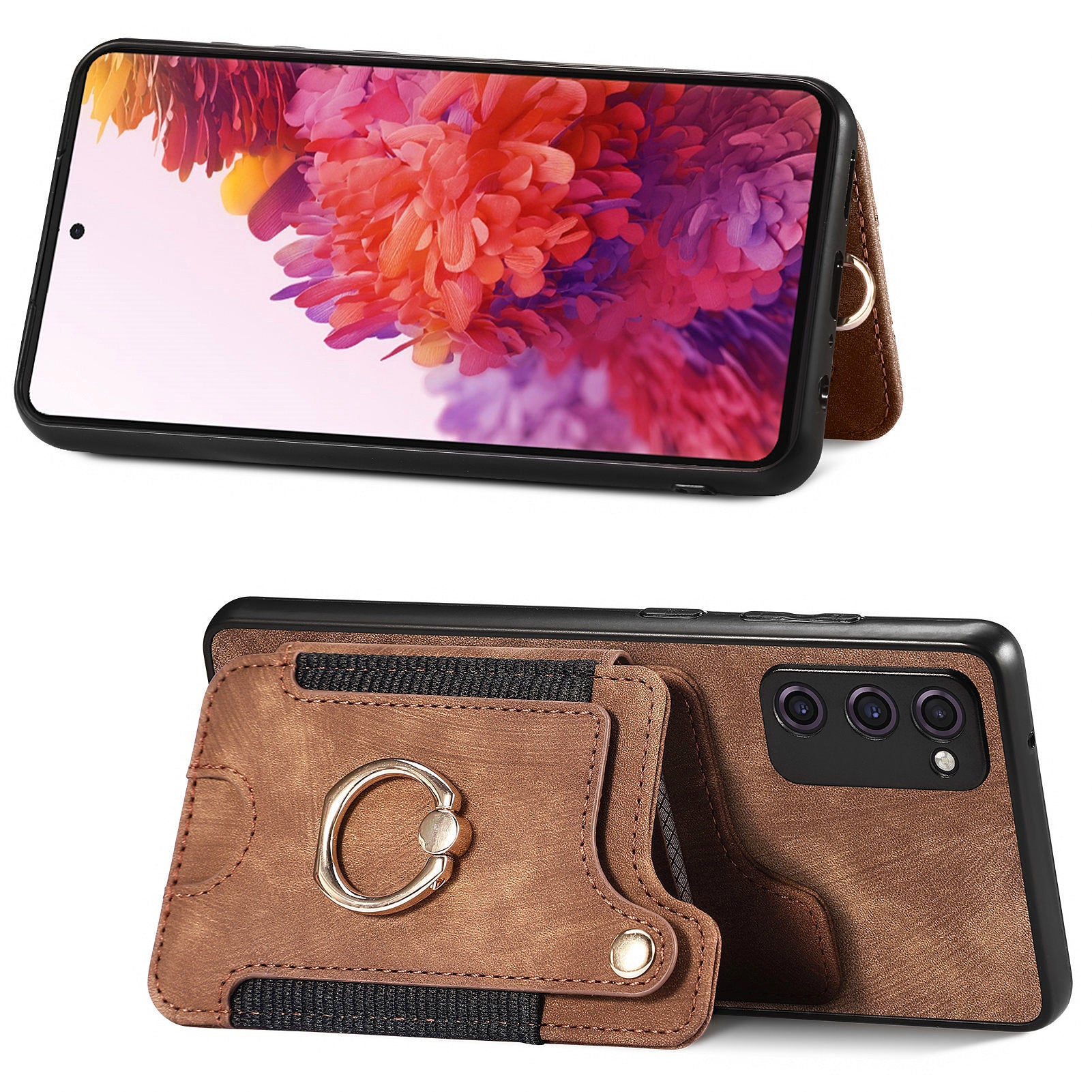 For Samsung Galaxy S20 FE / S20 FE 5G / S20 FE 2022 / S20 Lite RFID Blocking Phone Cover PU Leather Coated PC+TPU Card Holder Kickstand Case - Brown