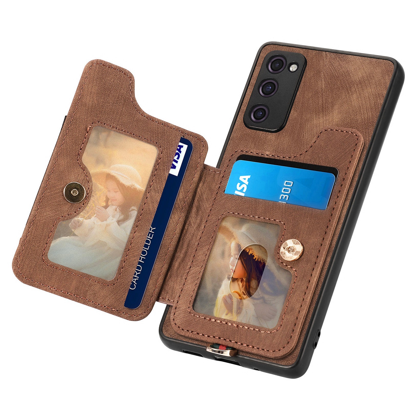 For Samsung Galaxy S20 FE / S20 FE 5G / S20 FE 2022 / S20 Lite RFID Blocking Phone Cover PU Leather Coated PC+TPU Card Holder Kickstand Case - Brown