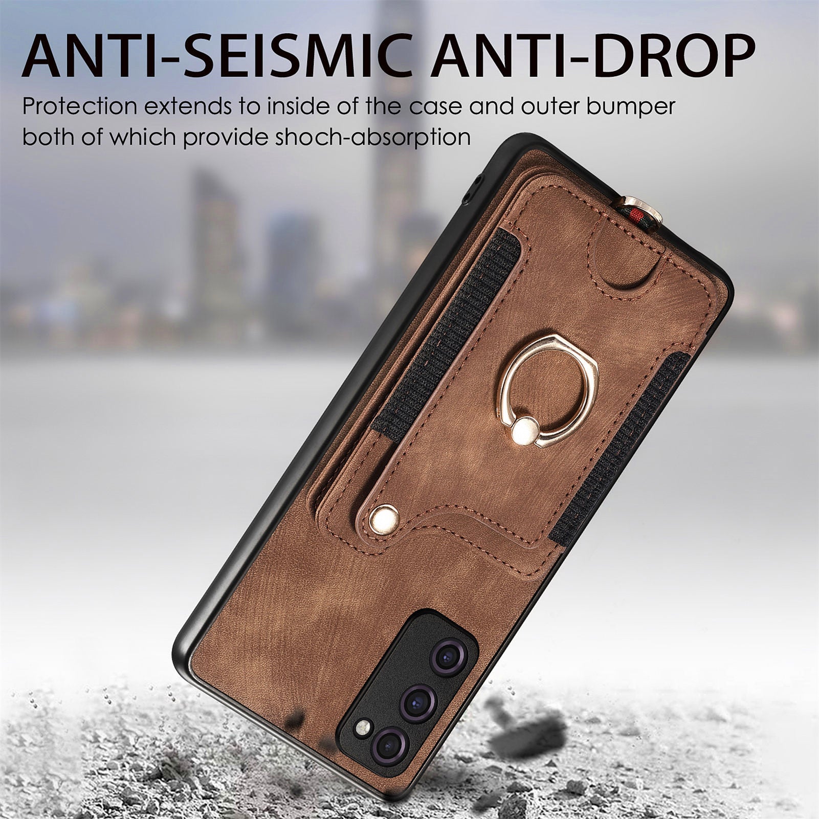 For Samsung Galaxy S20 FE / S20 FE 5G / S20 FE 2022 / S20 Lite RFID Blocking Phone Cover PU Leather Coated PC+TPU Card Holder Kickstand Case - Brown