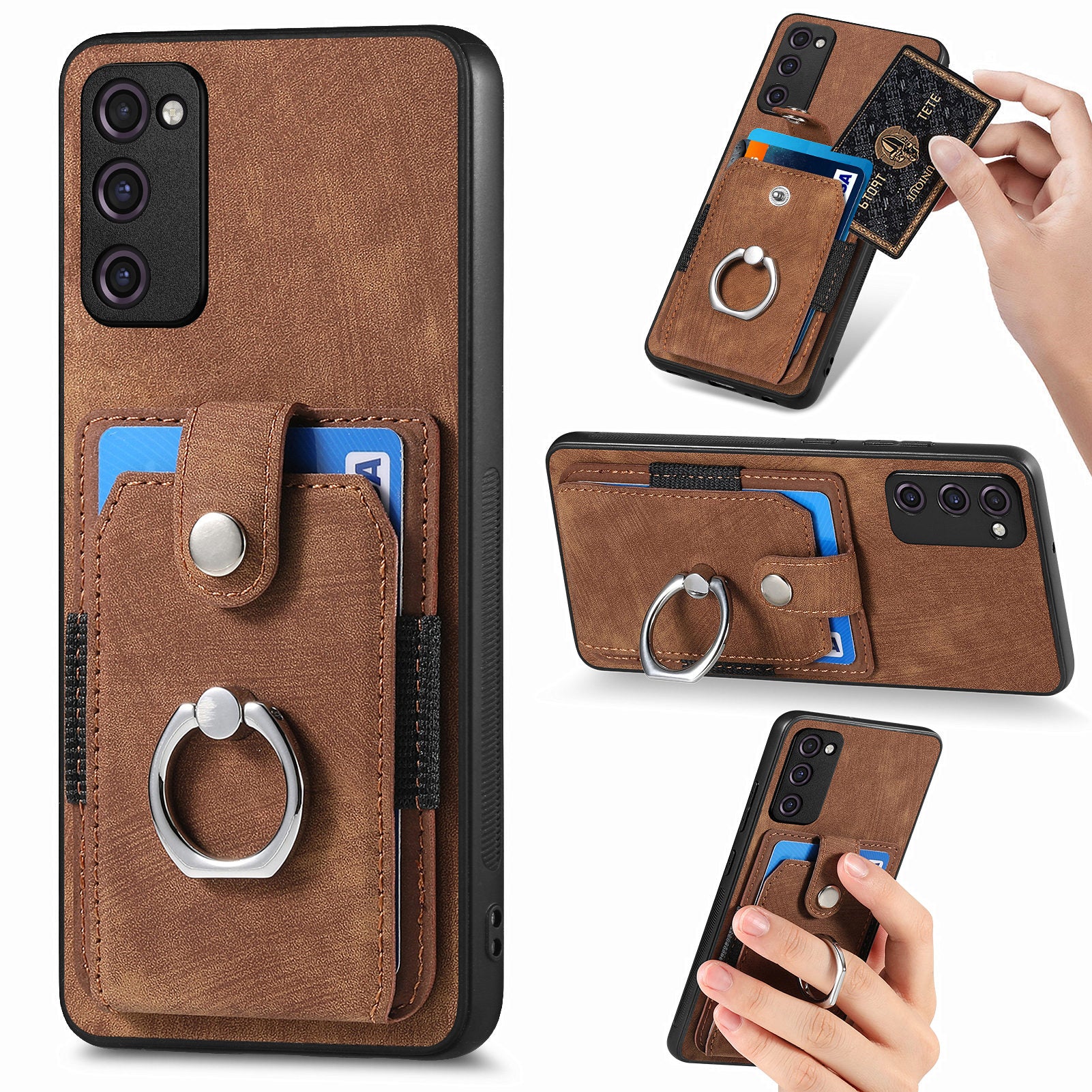 For Samsung Galaxy S20 FE 4G / FE 5G / S20 Lite / S20 FE 2022 Ring Kickstand Phone Case PU Leather TPU PC Cover with Card Holder - Brown