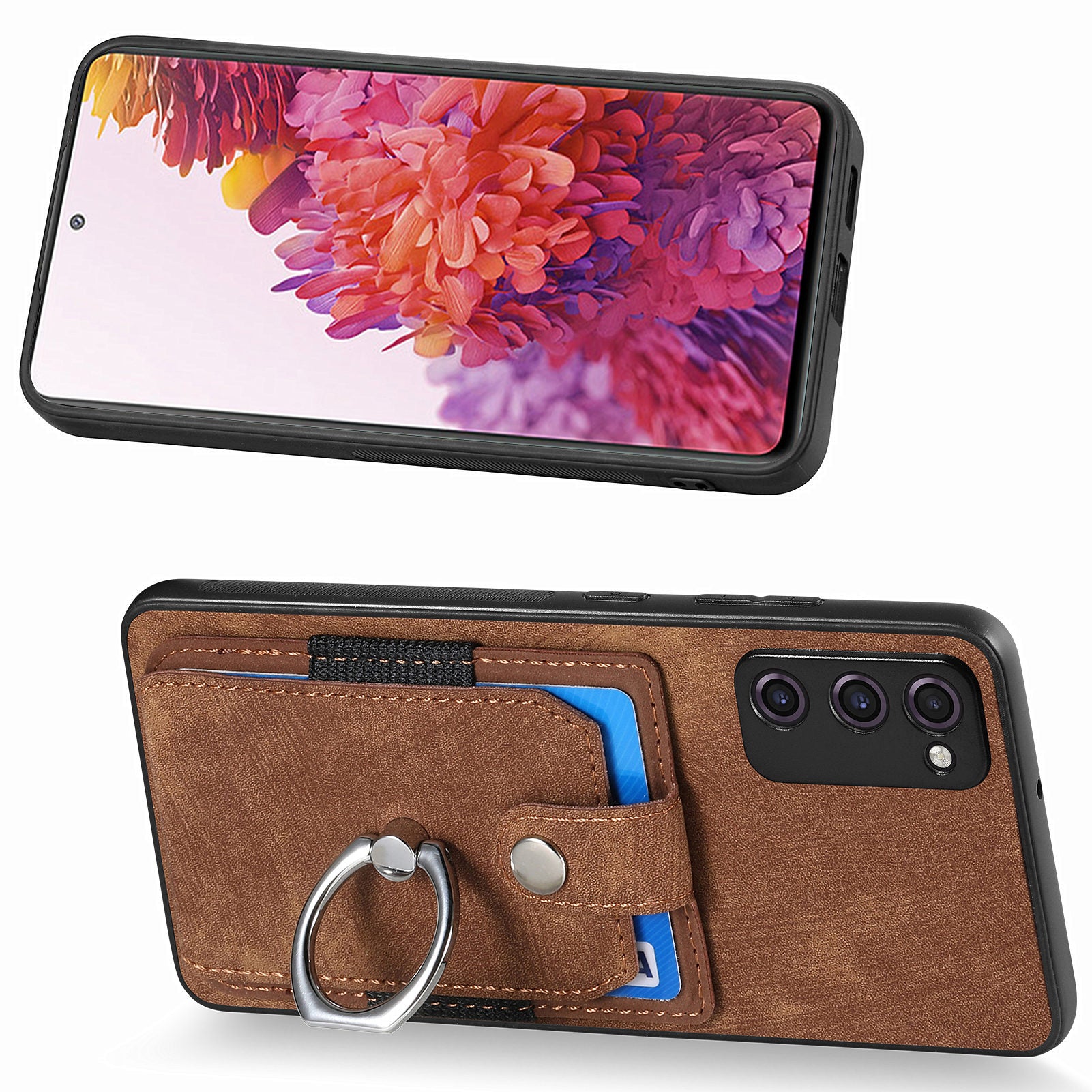 For Samsung Galaxy S20 FE 4G / FE 5G / S20 Lite / S20 FE 2022 Ring Kickstand Phone Case PU Leather TPU PC Cover with Card Holder - Brown