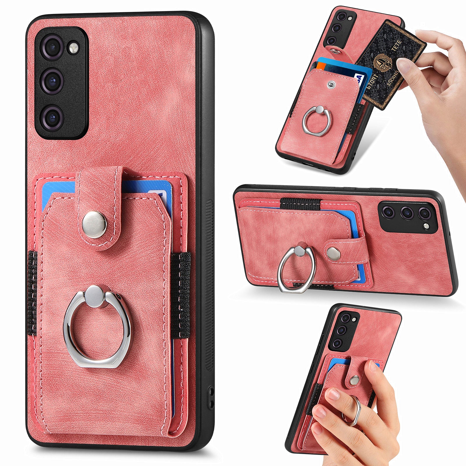 For Samsung Galaxy S20 FE 4G / FE 5G / S20 Lite / S20 FE 2022 Ring Kickstand Phone Case PU Leather TPU PC Cover with Card Holder - Rose Pink