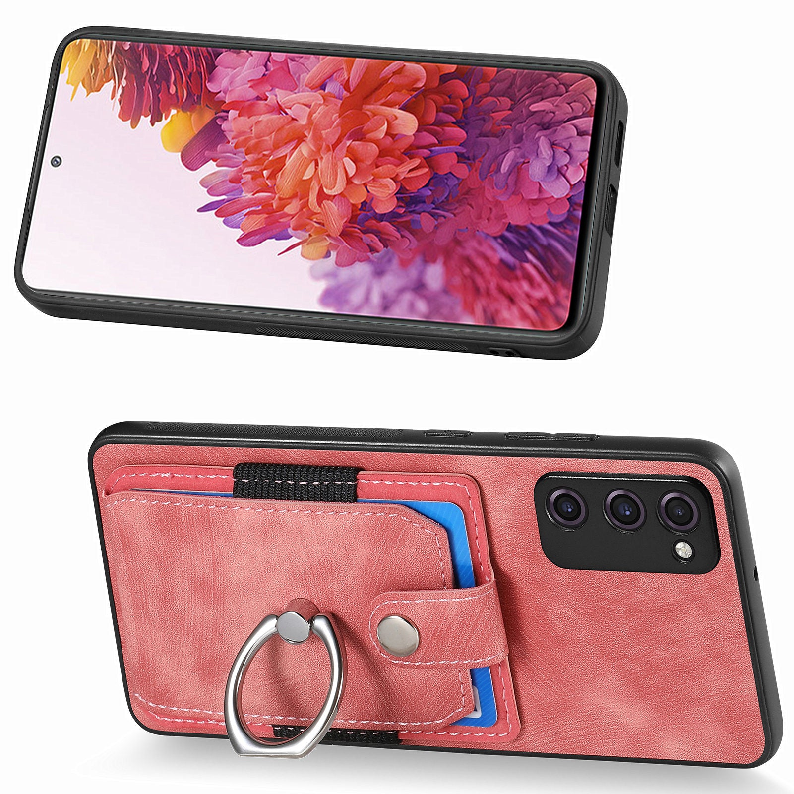 For Samsung Galaxy S20 FE 4G / FE 5G / S20 Lite / S20 FE 2022 Ring Kickstand Phone Case PU Leather TPU PC Cover with Card Holder - Rose Pink