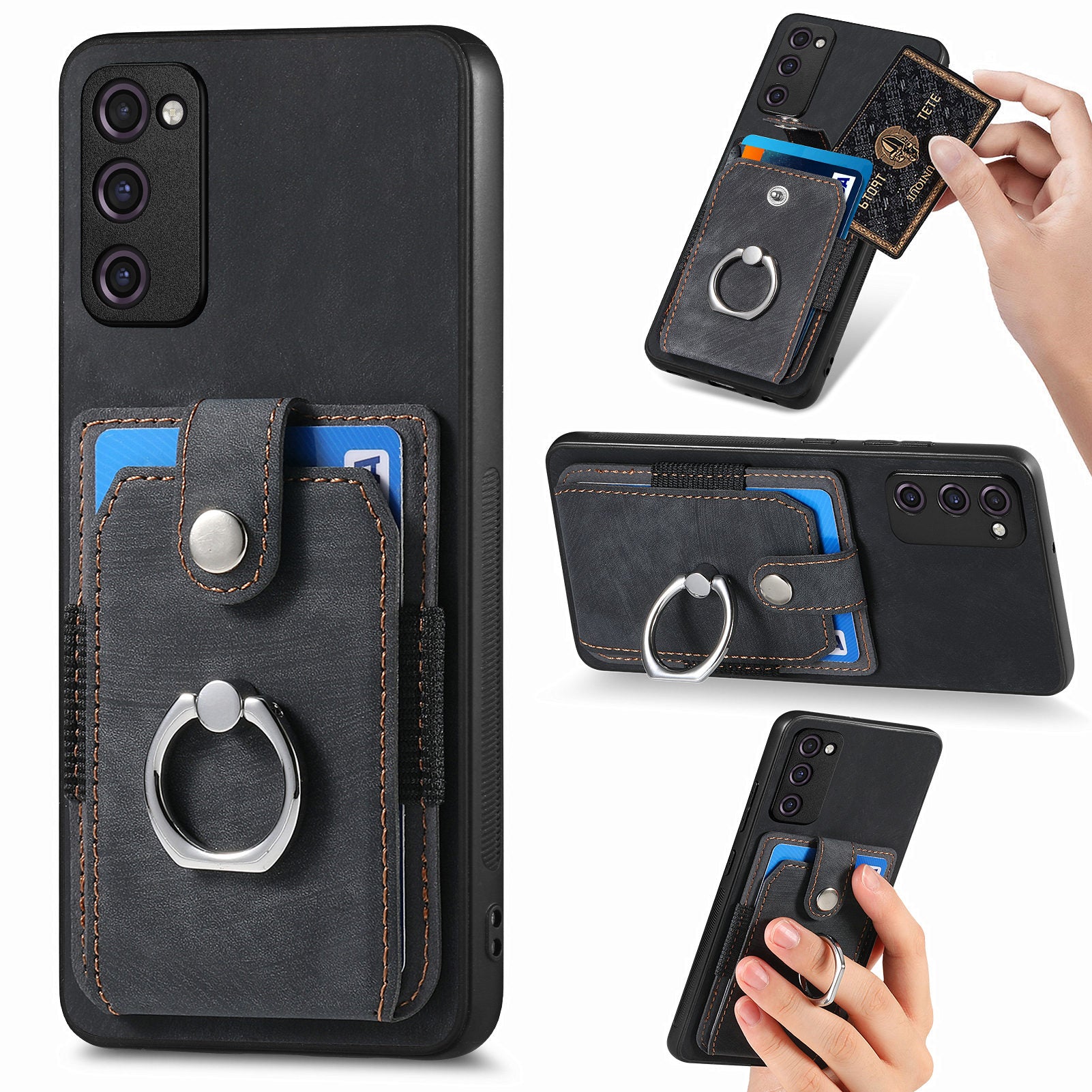 For Samsung Galaxy S20 FE 4G / FE 5G / S20 Lite / S20 FE 2022 Ring Kickstand Phone Case PU Leather TPU PC Cover with Card Holder - Black