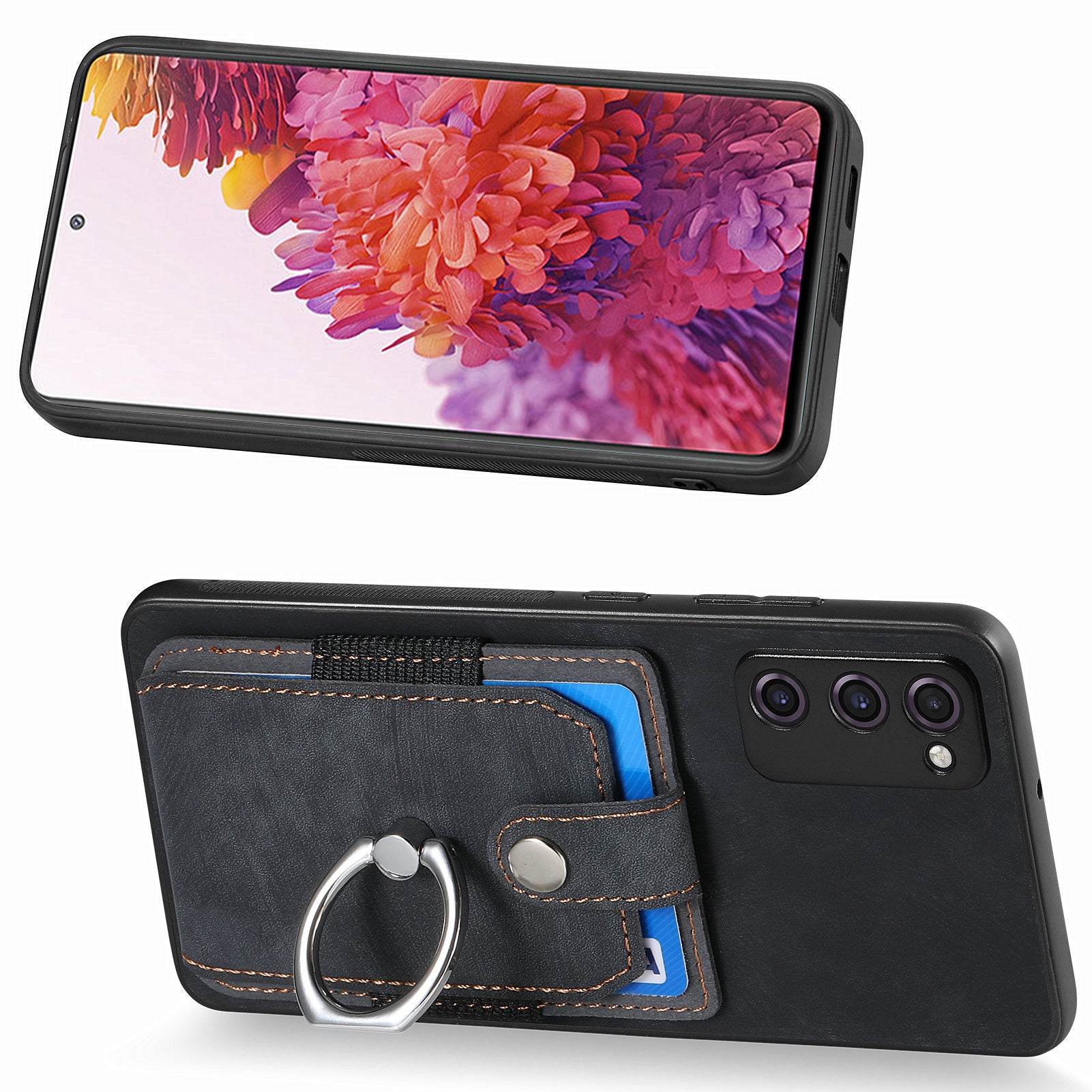 For Samsung Galaxy S20 FE 4G / FE 5G / S20 Lite / S20 FE 2022 Ring Kickstand Phone Case PU Leather TPU PC Cover with Card Holder - Black