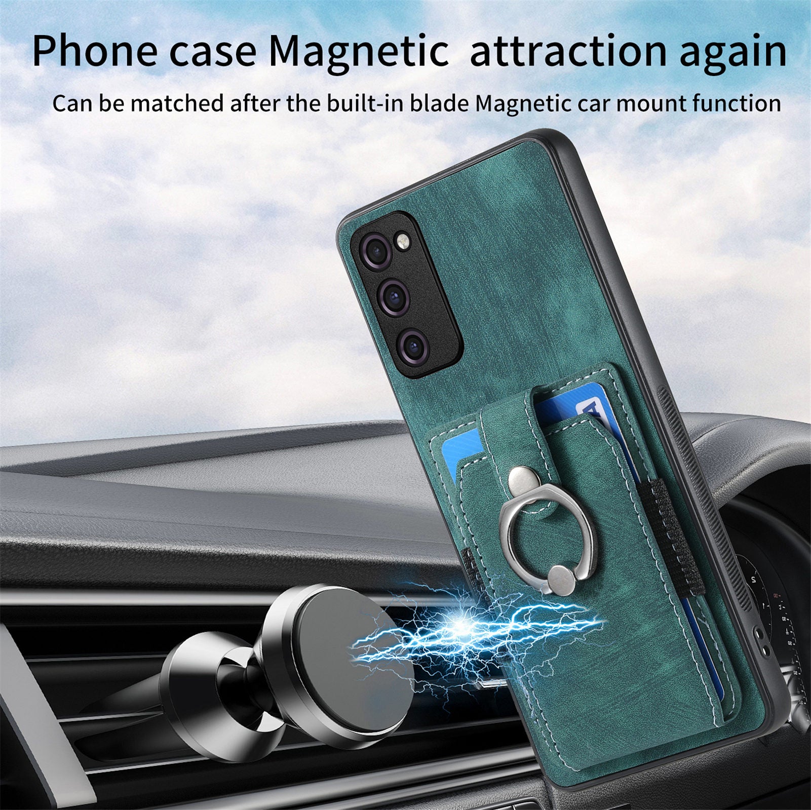 For Samsung Galaxy S20 FE 4G / FE 5G / S20 Lite / S20 FE 2022 Ring Kickstand Phone Case PU Leather TPU PC Cover with Card Holder - Black