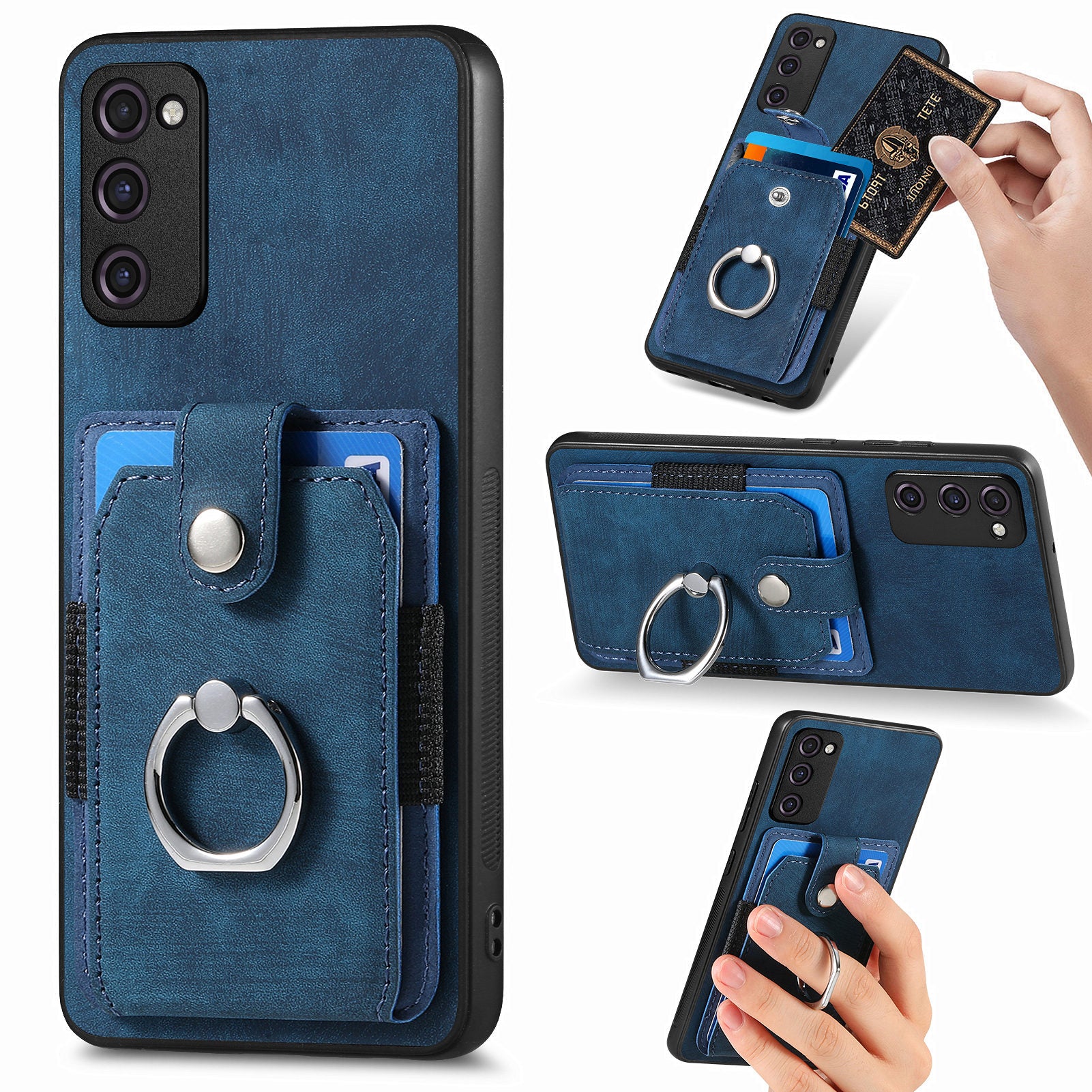 For Samsung Galaxy S20 FE 4G / FE 5G / S20 Lite / S20 FE 2022 Ring Kickstand Phone Case PU Leather TPU PC Cover with Card Holder - Dark Blue