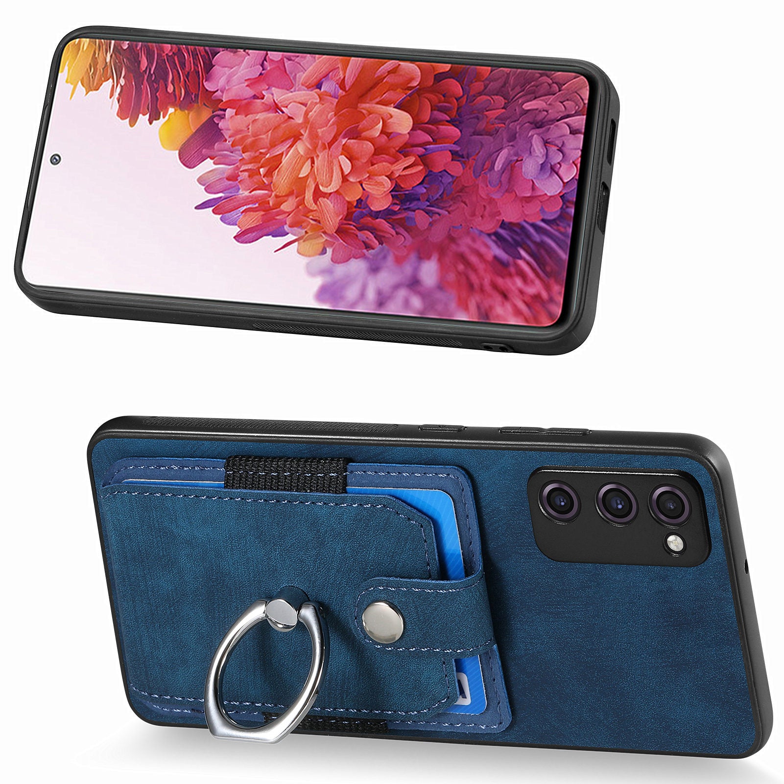 For Samsung Galaxy S20 FE 4G / FE 5G / S20 Lite / S20 FE 2022 Ring Kickstand Phone Case PU Leather TPU PC Cover with Card Holder - Dark Blue