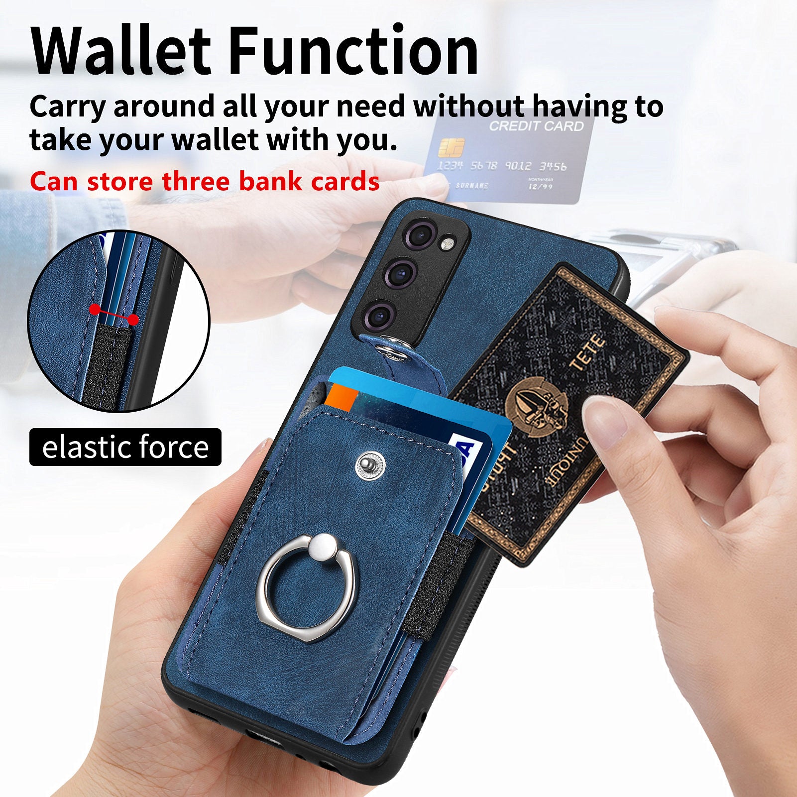 For Samsung Galaxy S20 FE 4G / FE 5G / S20 Lite / S20 FE 2022 Ring Kickstand Phone Case PU Leather TPU PC Cover with Card Holder - Dark Blue