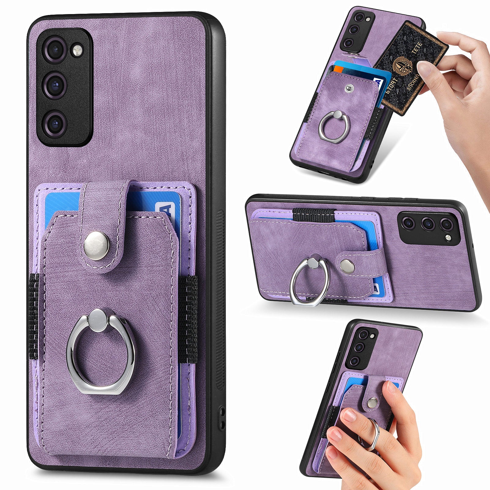 For Samsung Galaxy S20 FE 4G / FE 5G / S20 Lite / S20 FE 2022 Ring Kickstand Phone Case PU Leather TPU PC Cover with Card Holder - Light Purple