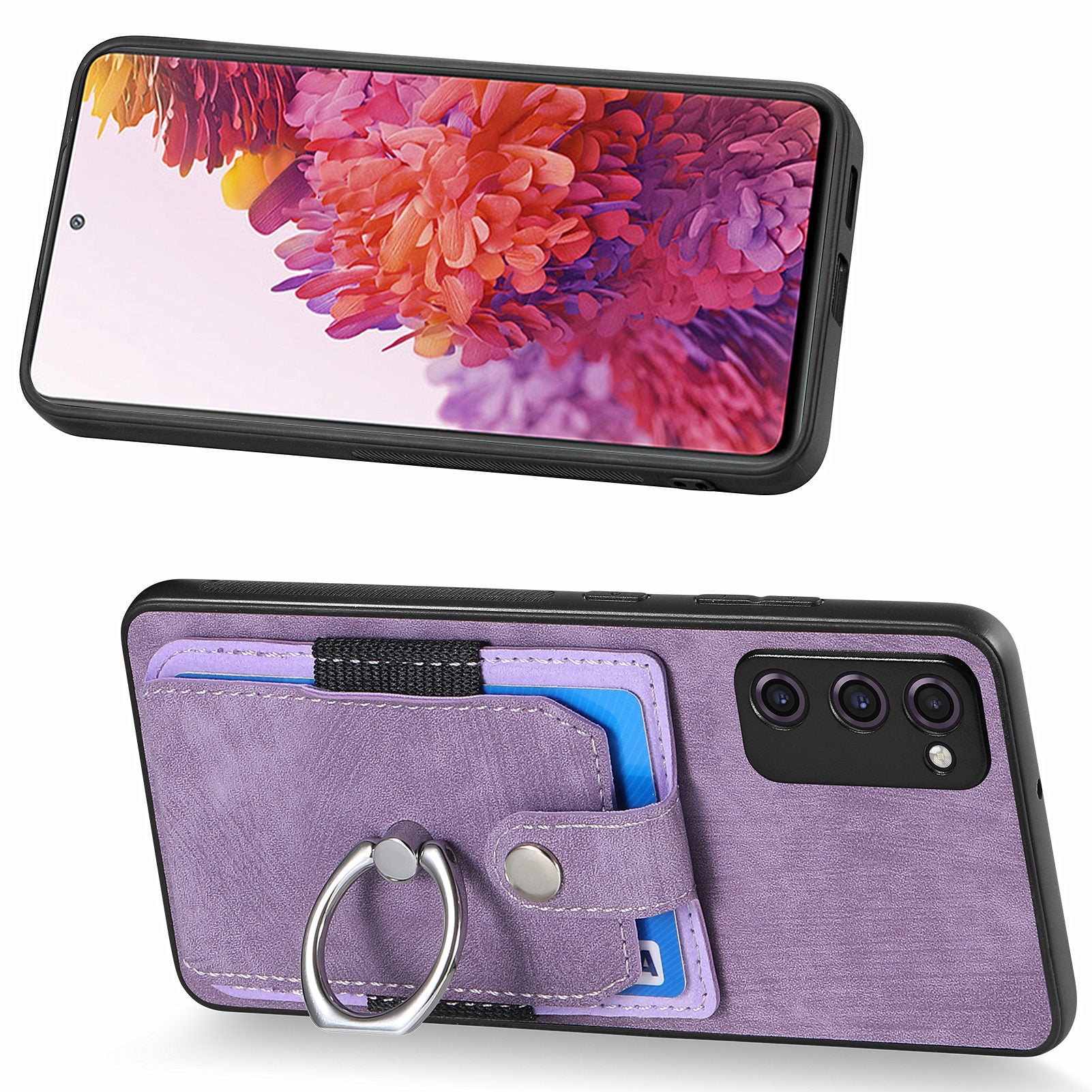 For Samsung Galaxy S20 FE 4G / FE 5G / S20 Lite / S20 FE 2022 Ring Kickstand Phone Case PU Leather TPU PC Cover with Card Holder - Light Purple