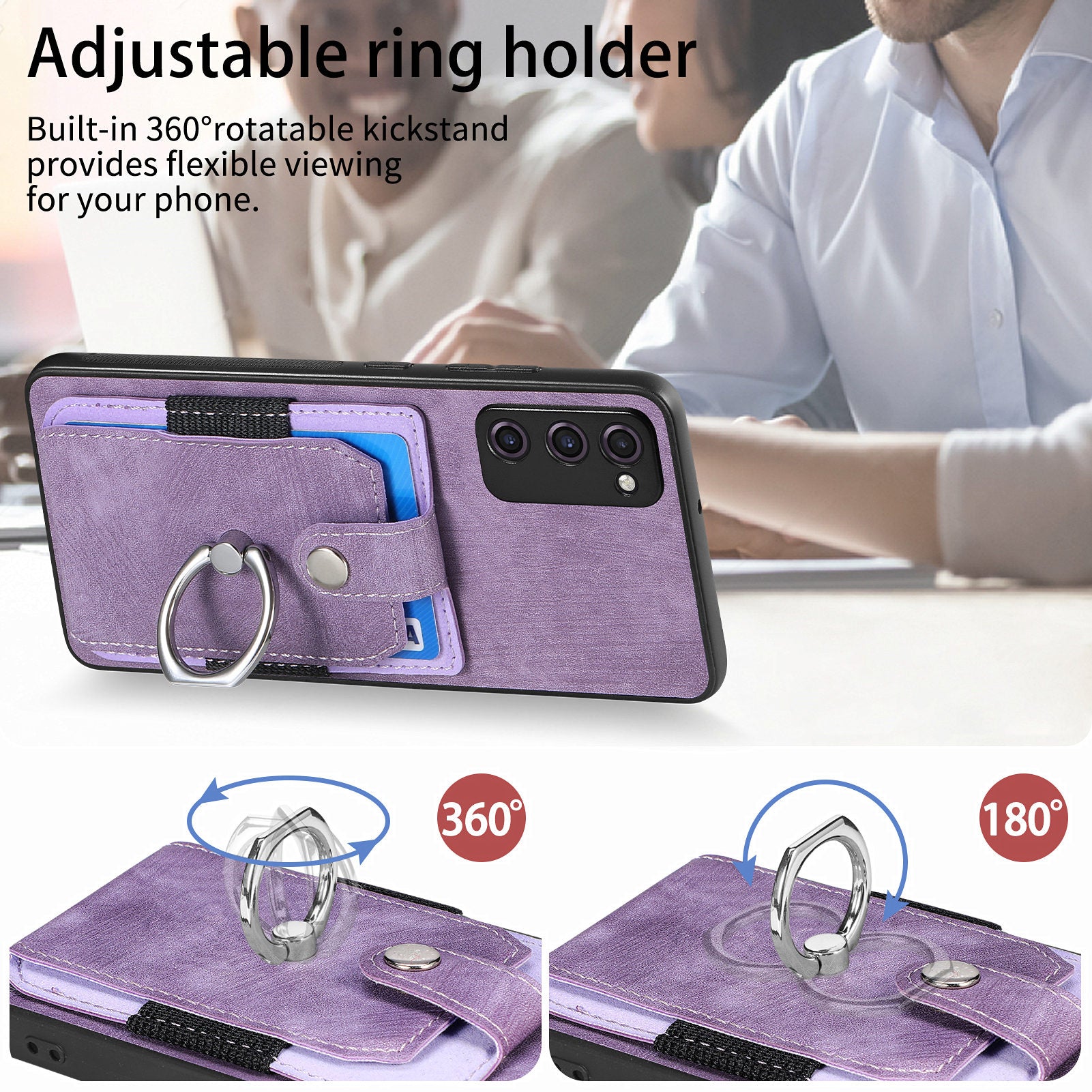 For Samsung Galaxy S20 FE 4G / FE 5G / S20 Lite / S20 FE 2022 Ring Kickstand Phone Case PU Leather TPU PC Cover with Card Holder - Light Purple