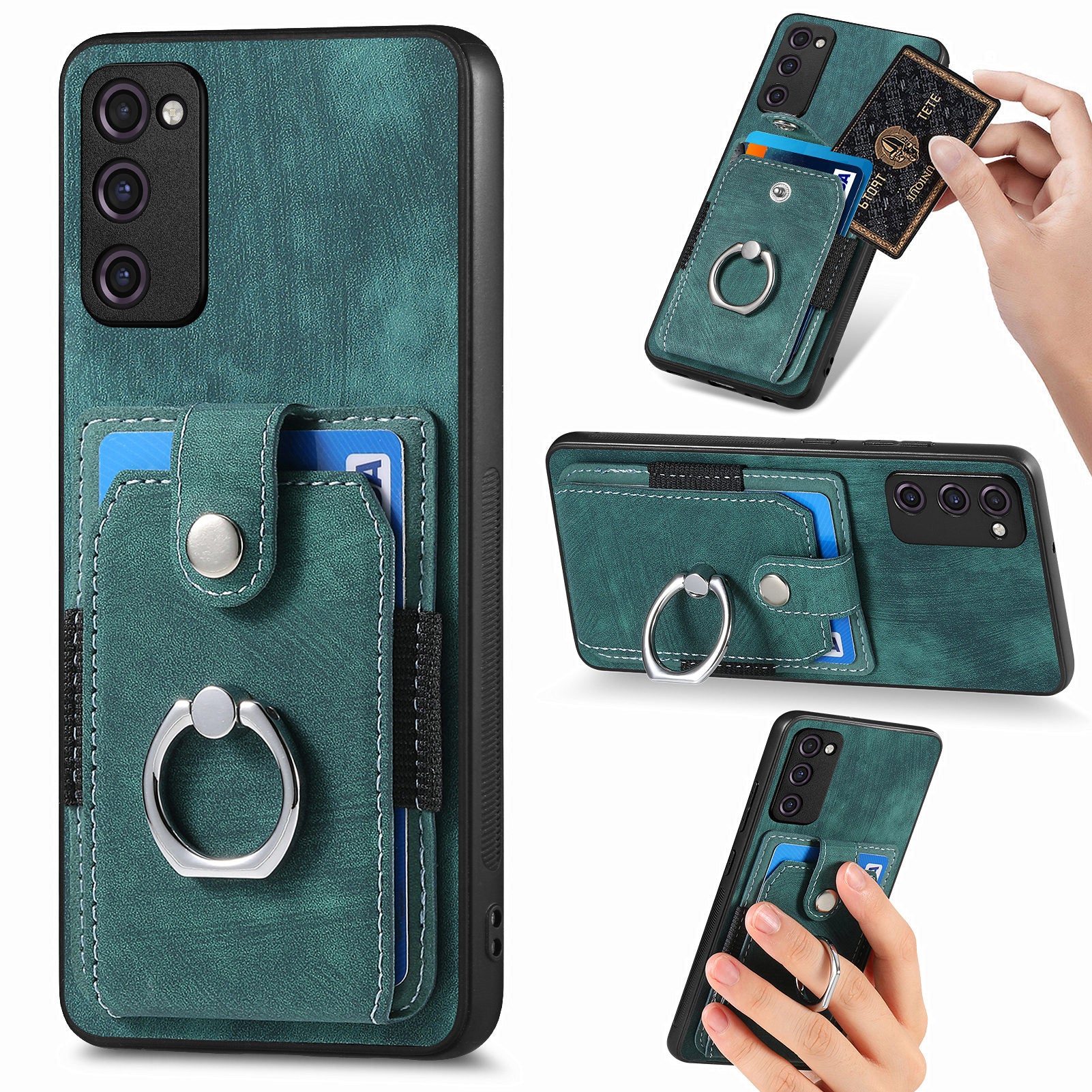 For Samsung Galaxy S20 FE 4G / FE 5G / S20 Lite / S20 FE 2022 Ring Kickstand Phone Case PU Leather TPU PC Cover with Card Holder - Green