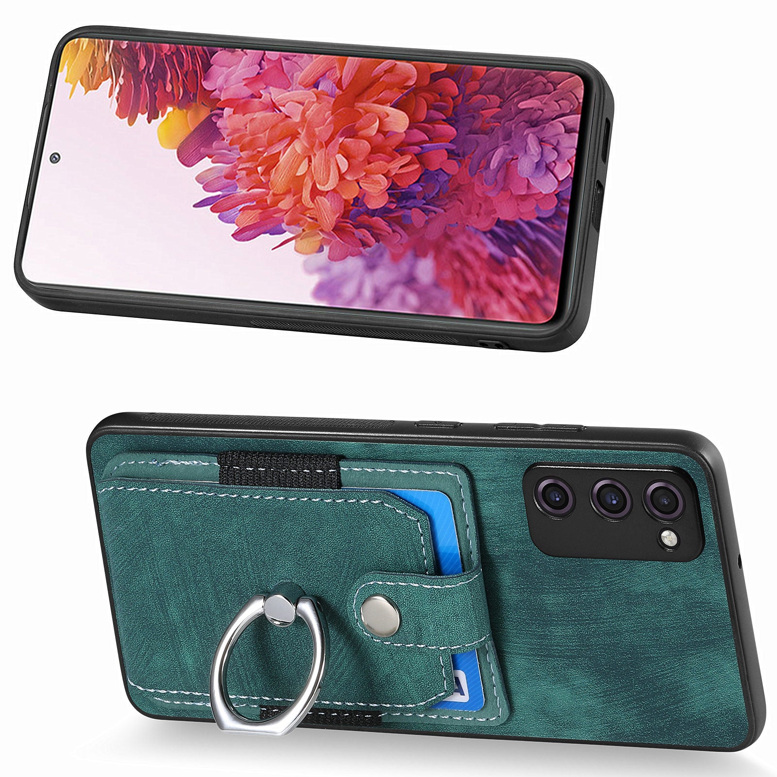 For Samsung Galaxy S20 FE 4G / FE 5G / S20 Lite / S20 FE 2022 Ring Kickstand Phone Case PU Leather TPU PC Cover with Card Holder - Green