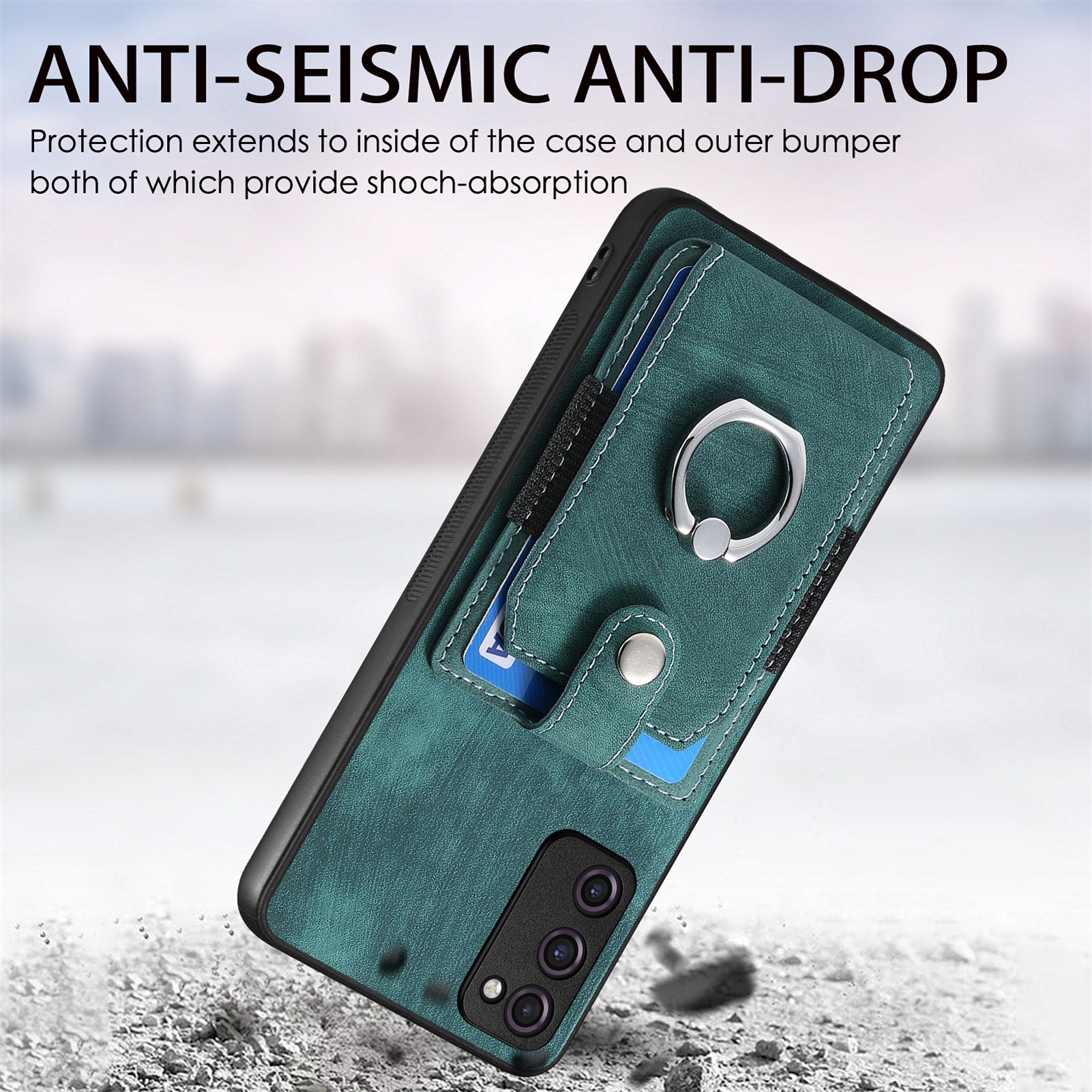 For Samsung Galaxy S20 FE 4G / FE 5G / S20 Lite / S20 FE 2022 Ring Kickstand Phone Case PU Leather TPU PC Cover with Card Holder - Green