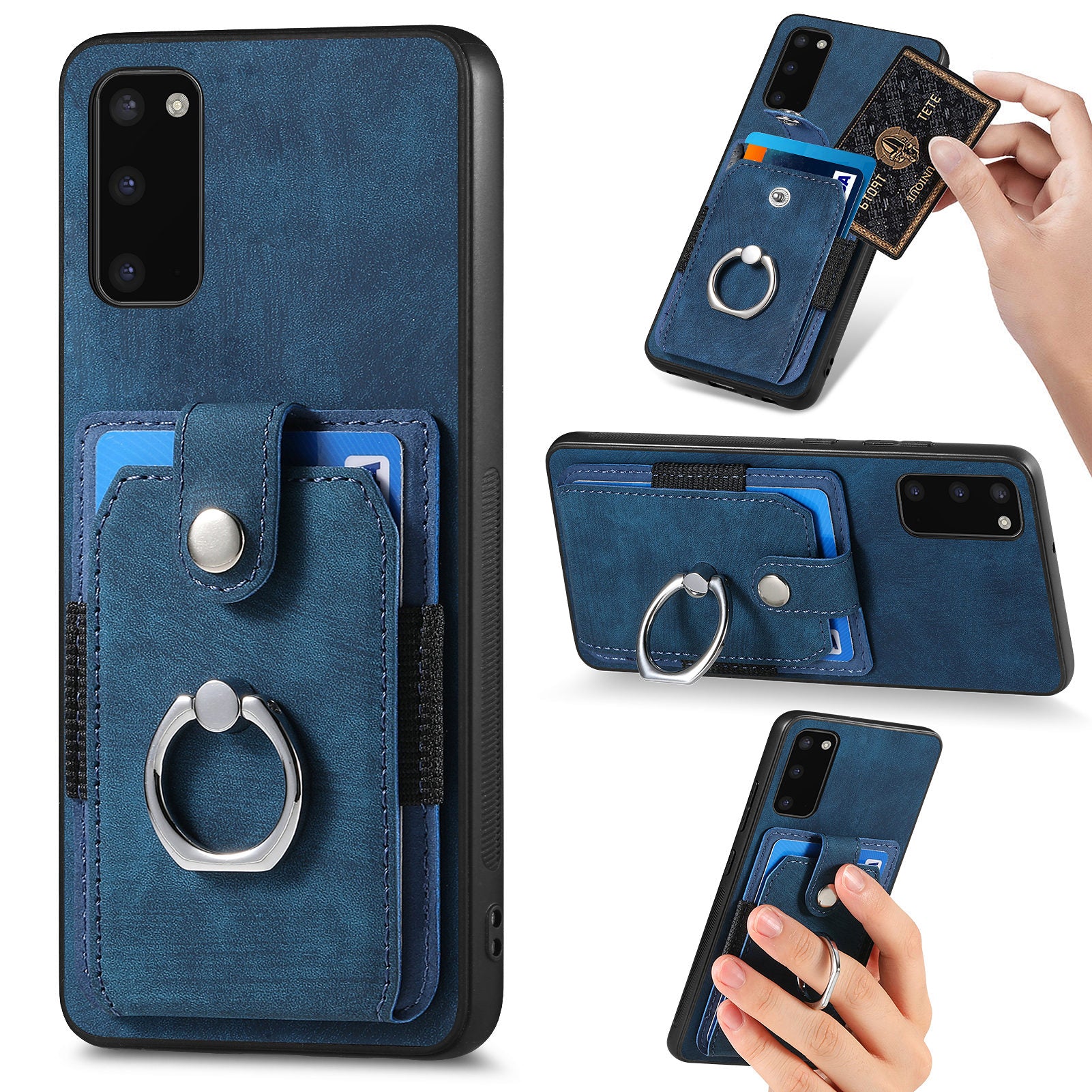 For Samsung Galaxy S20 4G / 5G Ring Holder Phone Case Anti-Shock Kickstand PU Leather+PC+TPU Card Slot Cover - Dark Blue