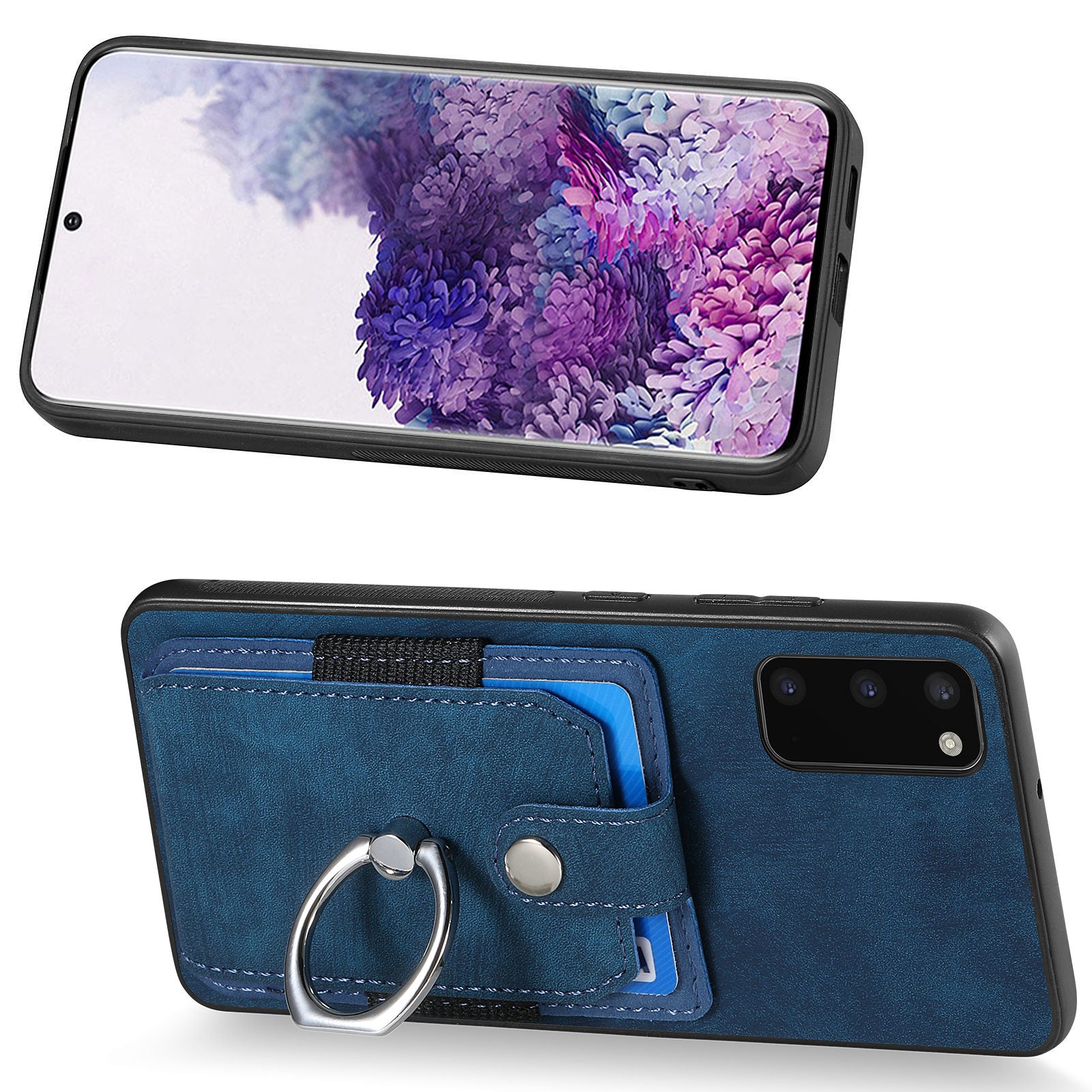 For Samsung Galaxy S20 4G / 5G Ring Holder Phone Case Anti-Shock Kickstand PU Leather+PC+TPU Card Slot Cover - Dark Blue