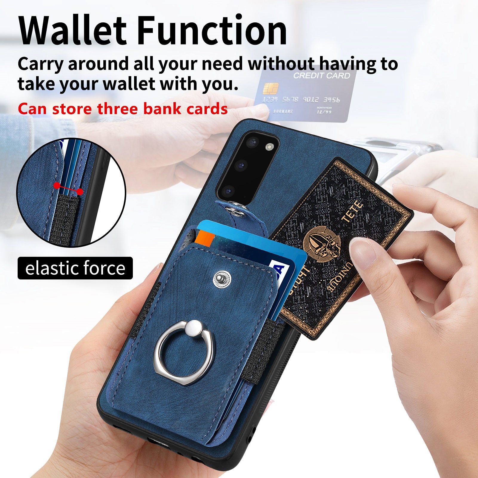 For Samsung Galaxy S20 4G / 5G Ring Holder Phone Case Anti-Shock Kickstand PU Leather+PC+TPU Card Slot Cover - Dark Blue