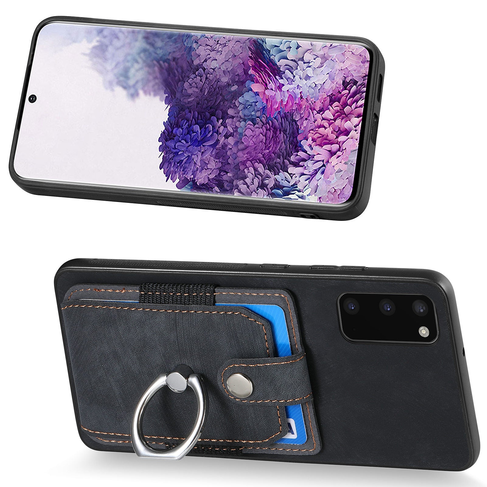 For Samsung Galaxy S20 4G / 5G Ring Holder Phone Case Anti-Shock Kickstand PU Leather+PC+TPU Card Slot Cover - Black