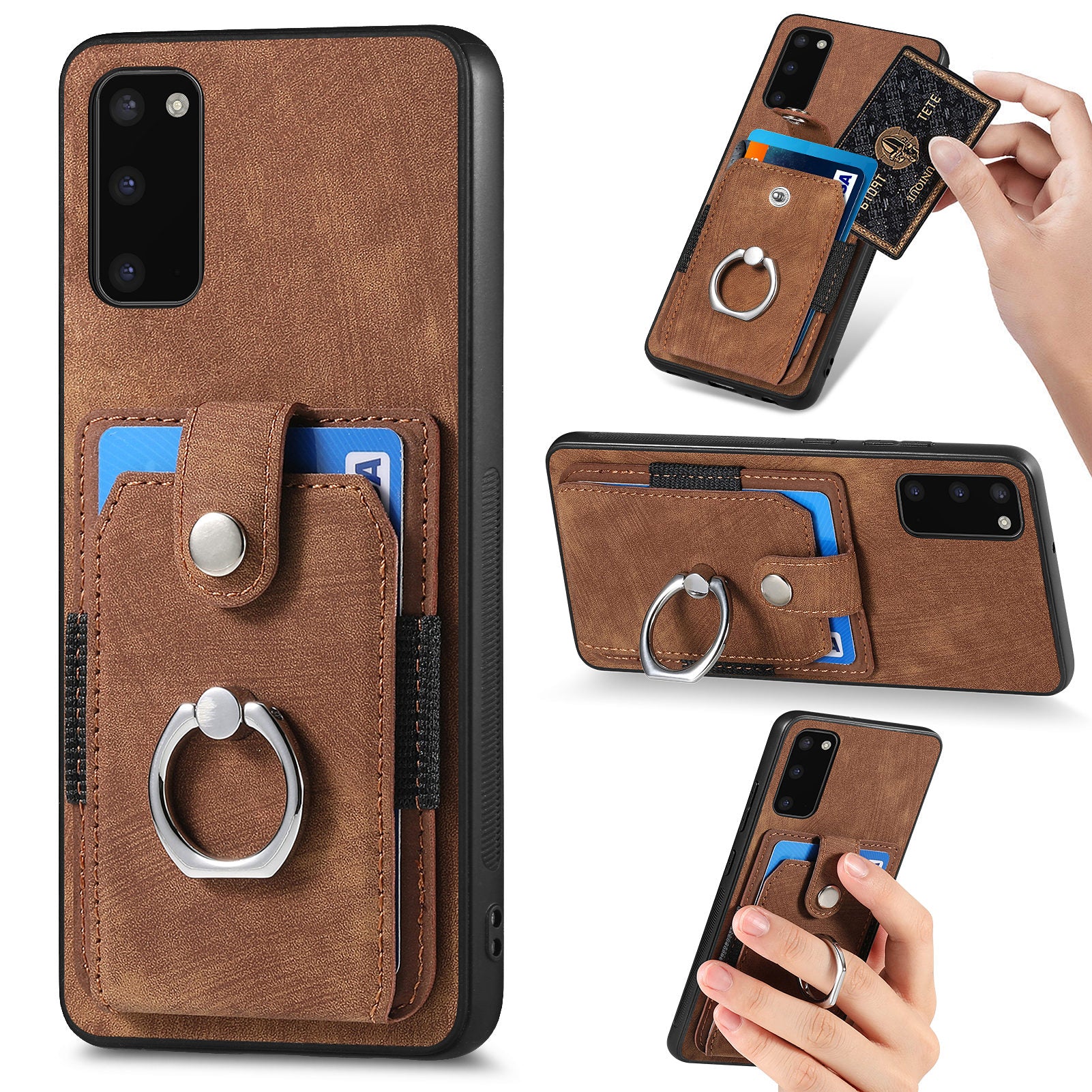 For Samsung Galaxy S20 4G / 5G Ring Holder Phone Case Anti-Shock Kickstand PU Leather+PC+TPU Card Slot Cover - Brown