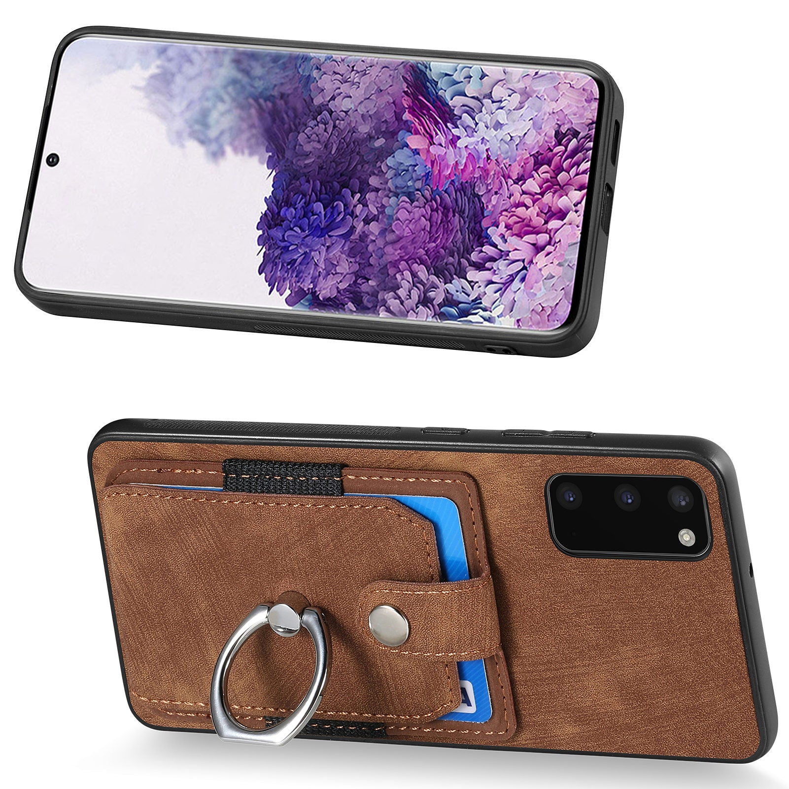 For Samsung Galaxy S20 4G / 5G Ring Holder Phone Case Anti-Shock Kickstand PU Leather+PC+TPU Card Slot Cover - Brown