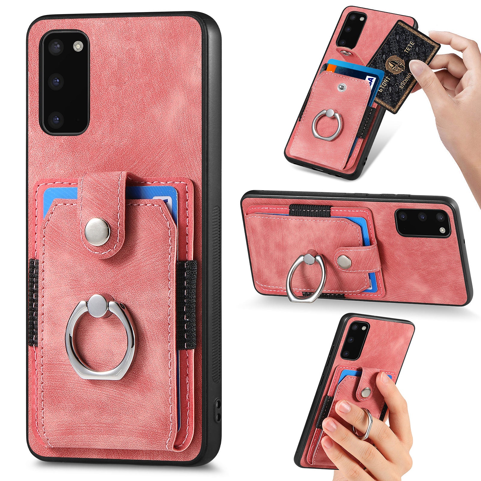 For Samsung Galaxy S20 4G / 5G Ring Holder Phone Case Anti-Shock Kickstand PU Leather+PC+TPU Card Slot Cover - Rose Pink