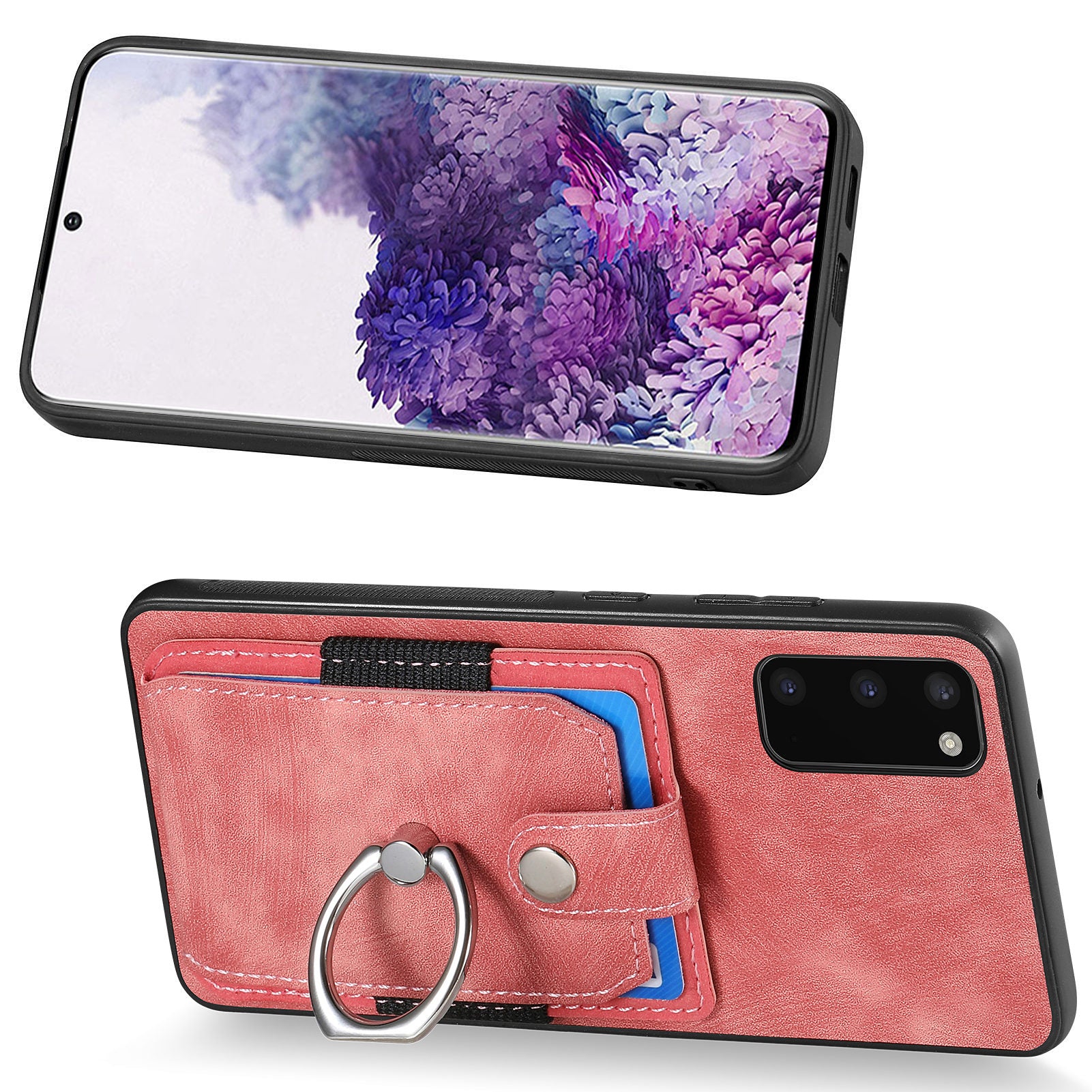 For Samsung Galaxy S20 4G / 5G Ring Holder Phone Case Anti-Shock Kickstand PU Leather+PC+TPU Card Slot Cover - Rose Pink