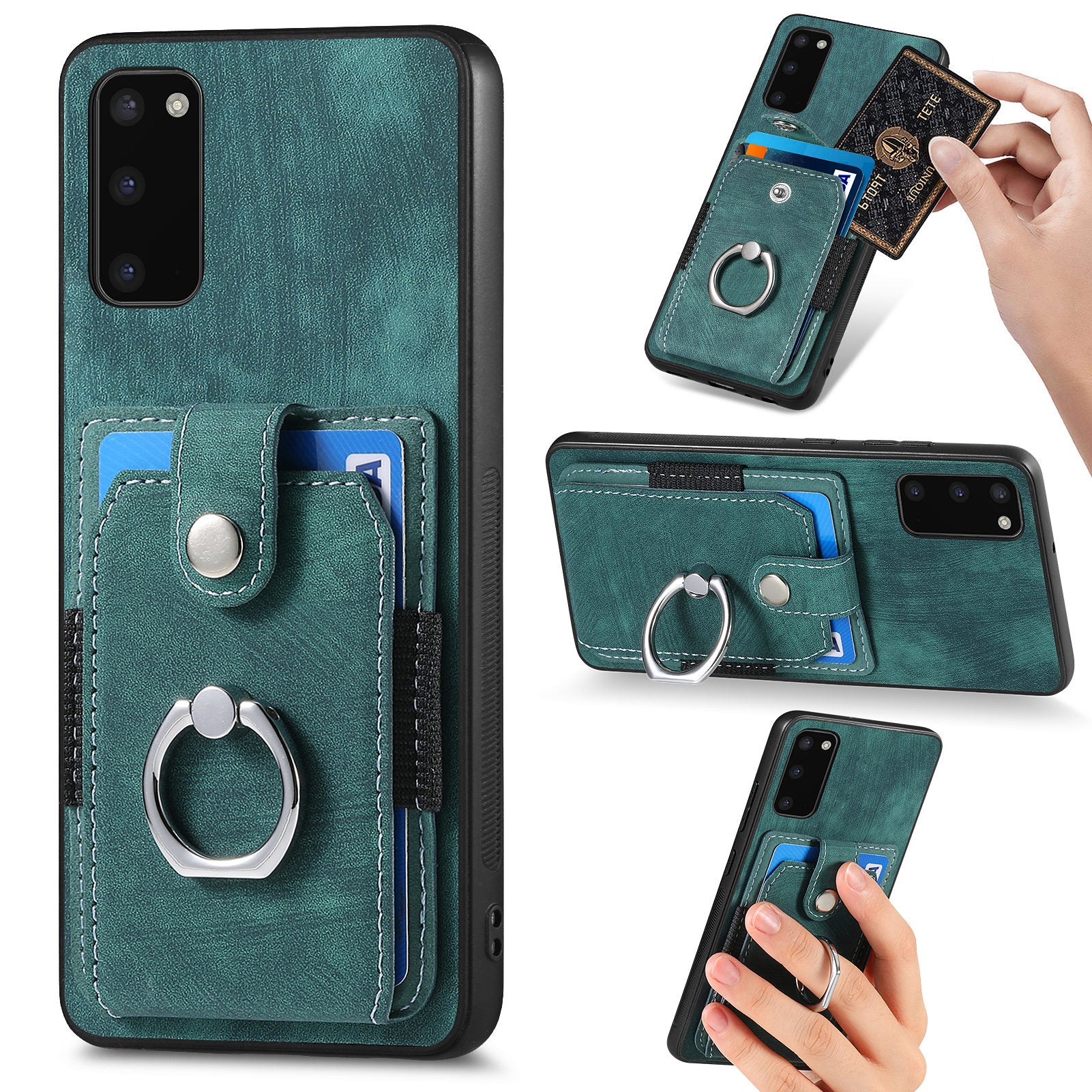 For Samsung Galaxy S20 4G / 5G Ring Holder Phone Case Anti-Shock Kickstand PU Leather+PC+TPU Card Slot Cover - Green